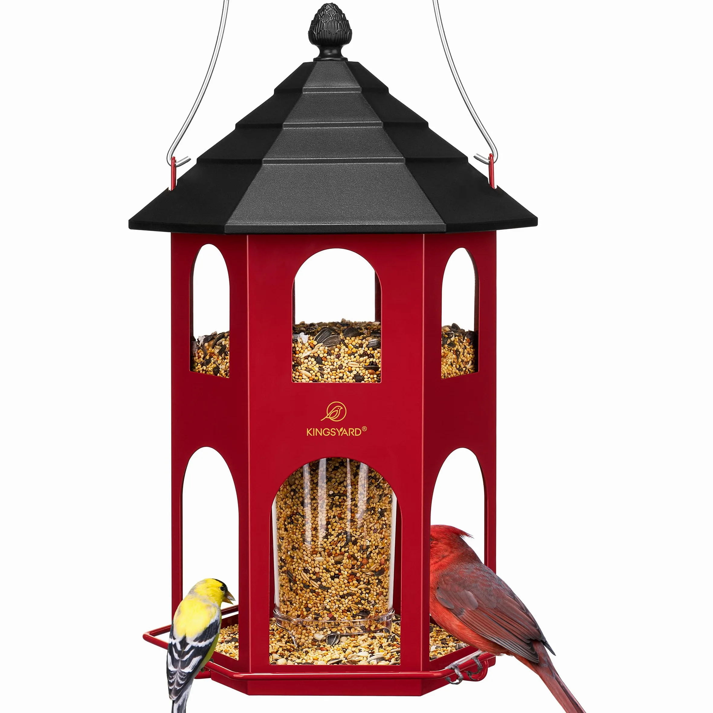 Kingsyard Comedero de Metal para pájaros para Colgar al Aire Libre, comederos para pájaros Silvestres con Percha Circular, fácil de Limpiar y Rellenar, Gran Capacidad de Semillas de 4 Libras, Color