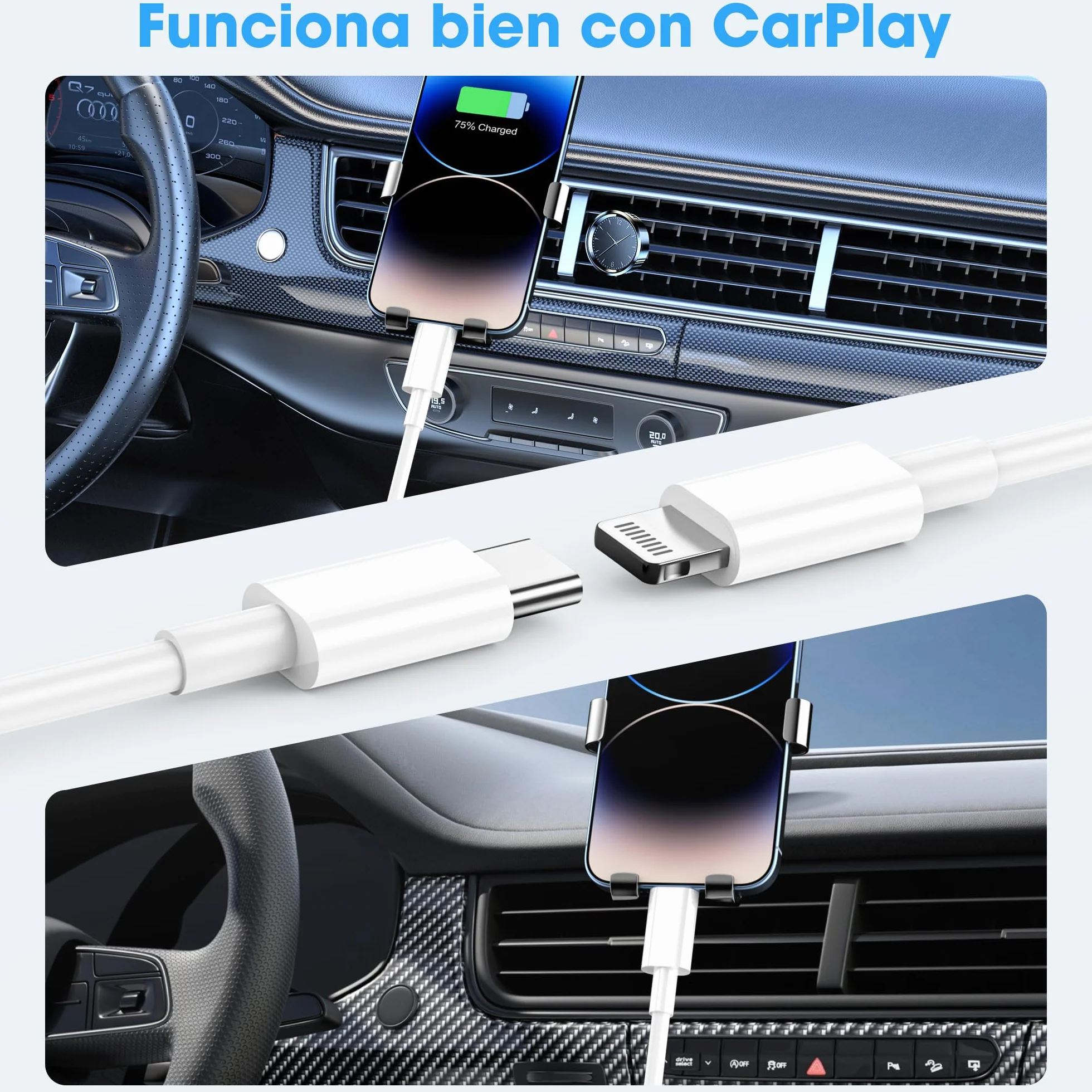 BSTOEM Cable Cargador para iPhone Carga Rápida MFi Certificado 2 Unidades 1M+2M USB-A a Lightning Blanco