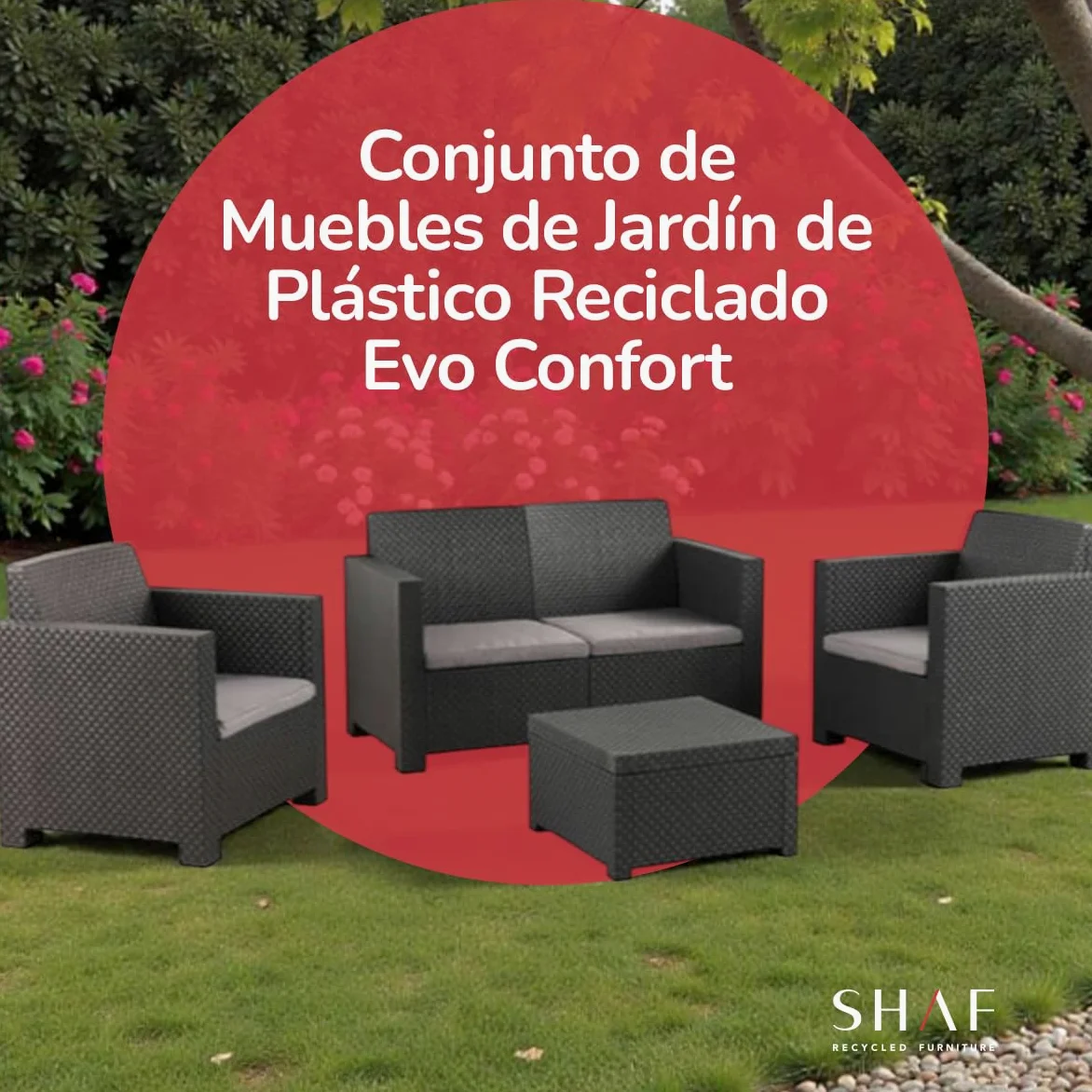 SP Berner SHAF - Conjunto Jardín Exterior y Terraza - Sofá de 2 plazas, 2 Sillones, Mesa Baja y Cojines Asiento - Plástico Reciclado - Set EVO Confort - Grafito