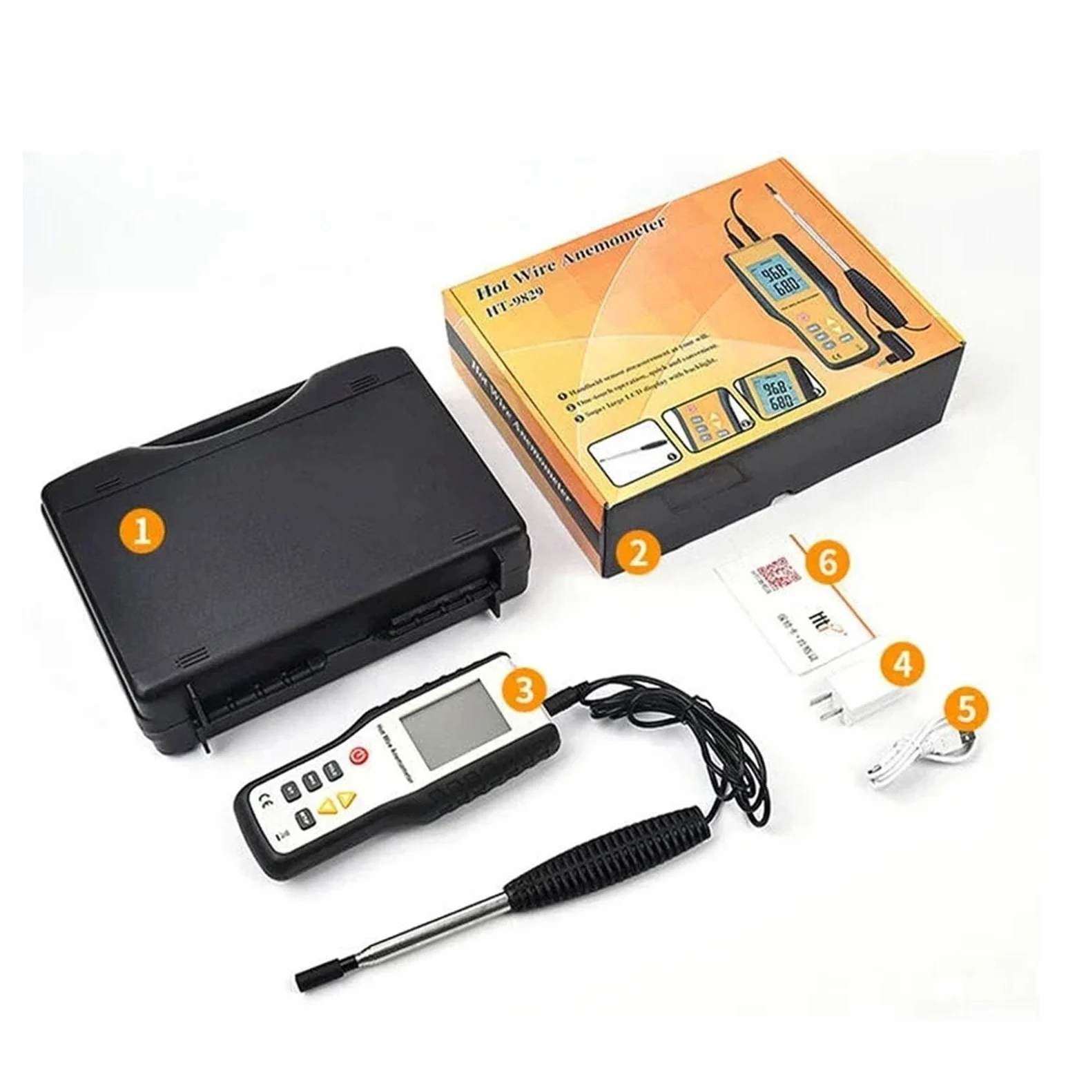Anemómetro de Alambre Caliente HT-9829 Medidor de Velocidad del Viento y medición de Flujo de Aire para HVAC, Mide CFM/CMM, Temperatura (℃/℉)