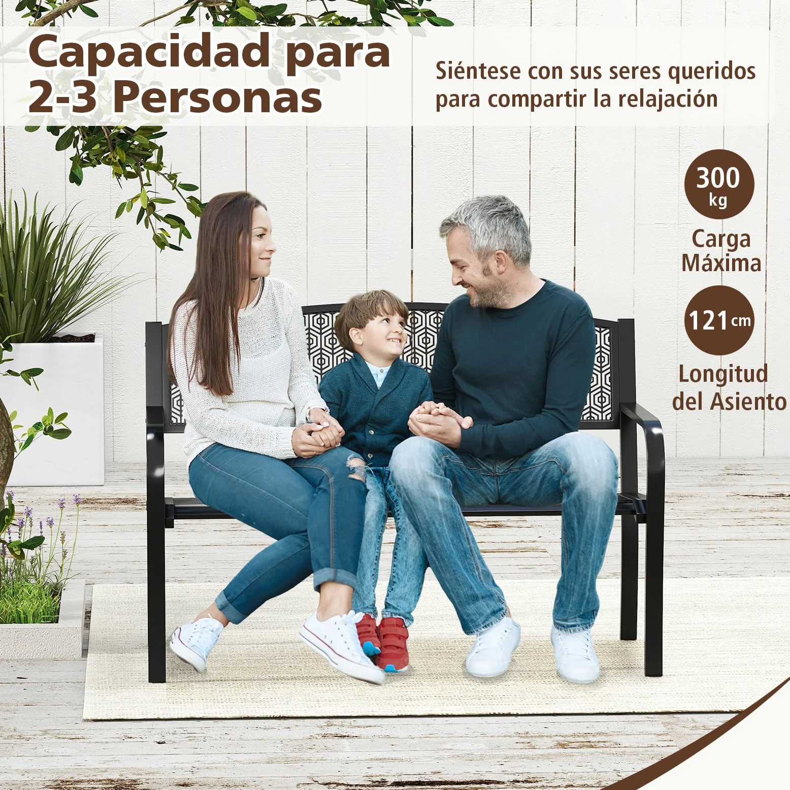 COSTWAY Banco Jardin 2-3 Plazas Metal Exterior 300kg 128x60x86 cm Negro