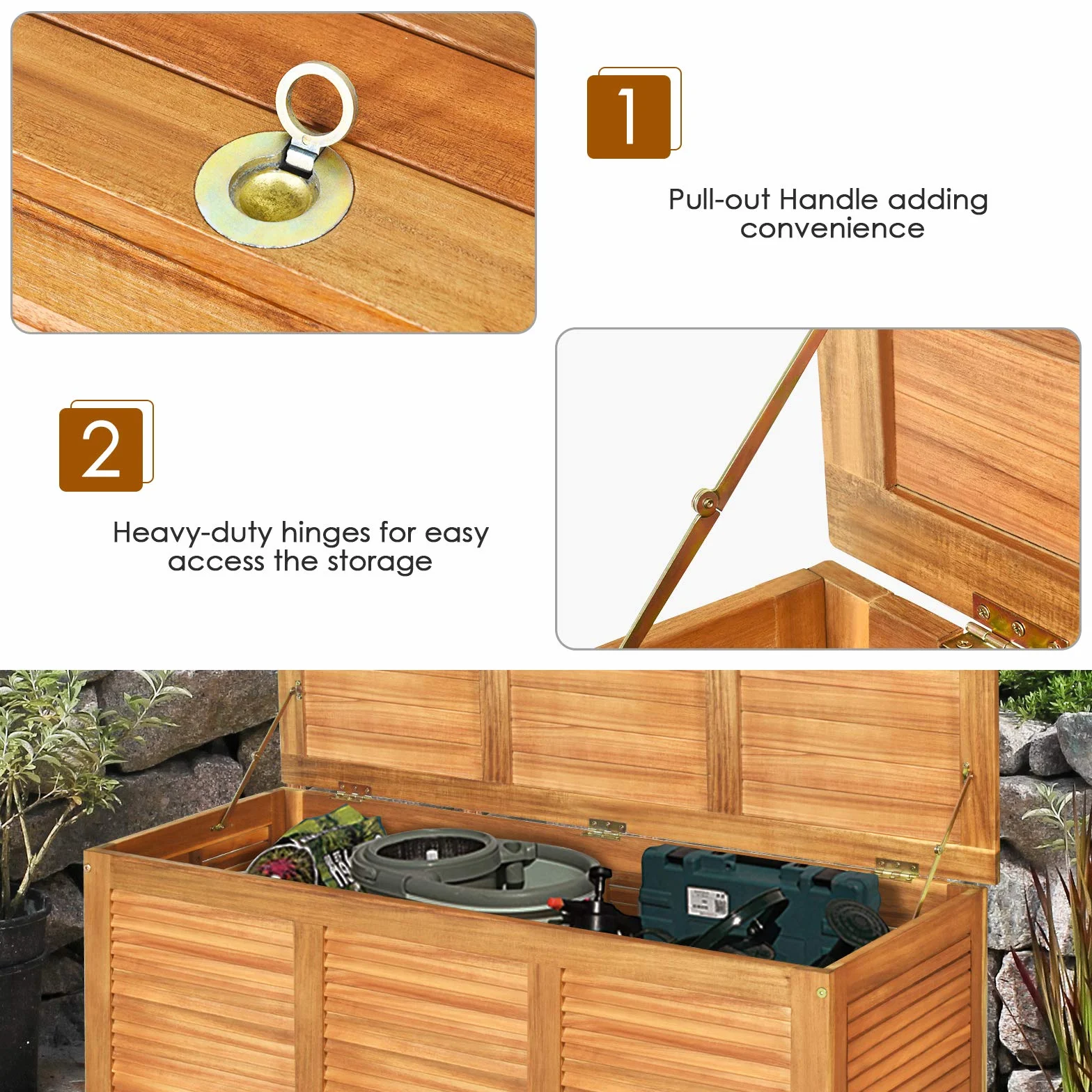 GOPLUS Baúl Almacenaje Exterior de Madera Acacia, Banco Contenedor con Capacidad 178L carga 150 kg, Caja de Almacenamiento con Tapa, Arcón para Jardín Patio Terraza Balcón, 120x45x45cm, Natural