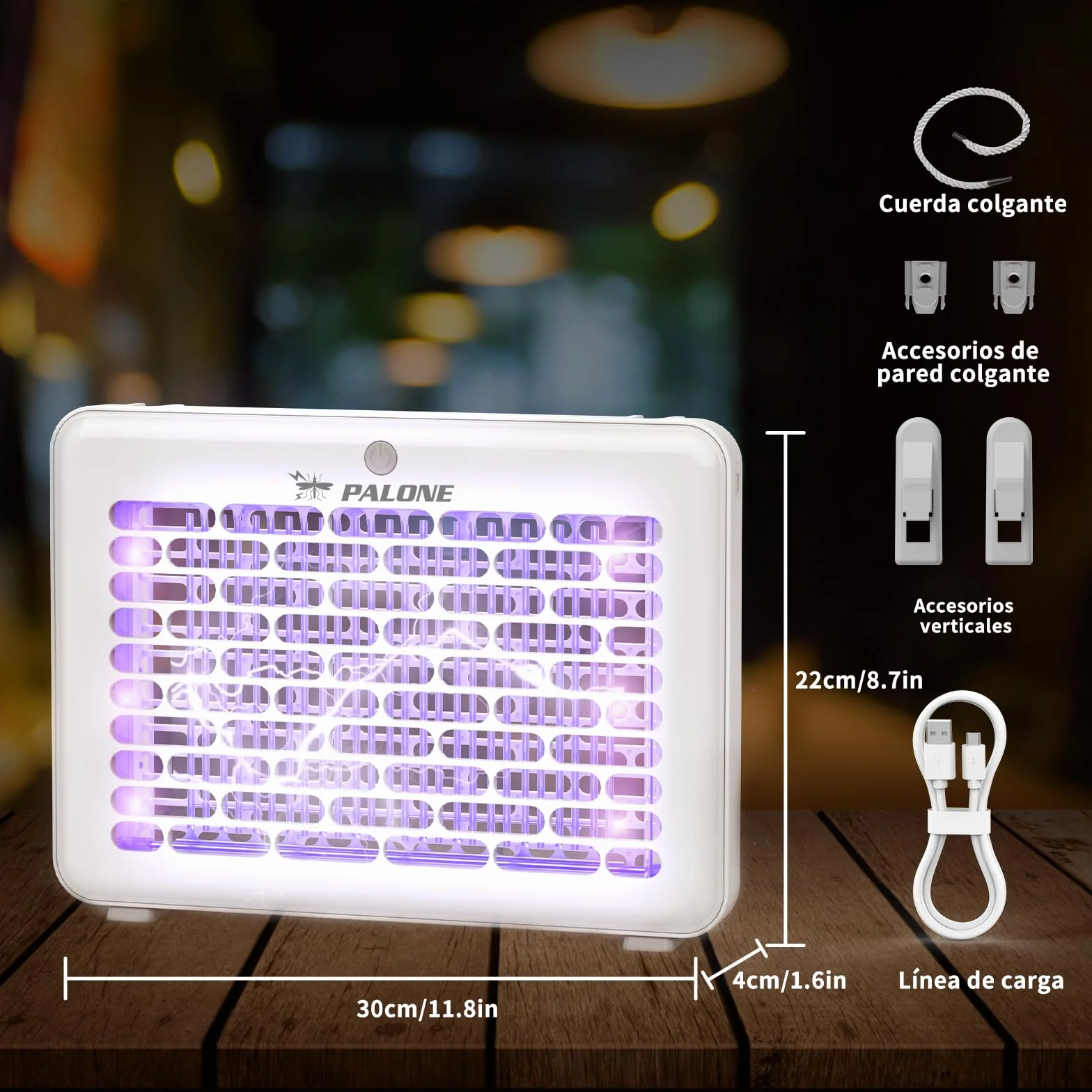 PALONE Lampara Antimosquitos 4000V, Mata Moscas Eléctrica USB 1200mAh, Trampa para Mosquitos con 3 Bombillas LED UV para Interior y Exterior, Suspendible con Cordón (30 * 22 * 4 cm)