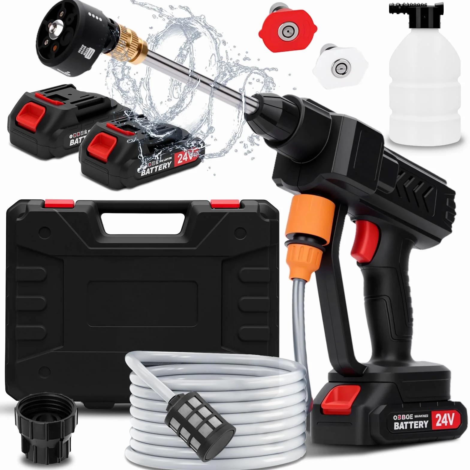 Hidrolimpiadora Bateria, 362PSI Hidrolimpiadora Portátil, Limpiador de Alta Presión, Pistola de Agua a Presión con 2 Baterías, Boquilla 6 en 1, Manguera 5m, para Limpiar Coche, Terraza, Jardín