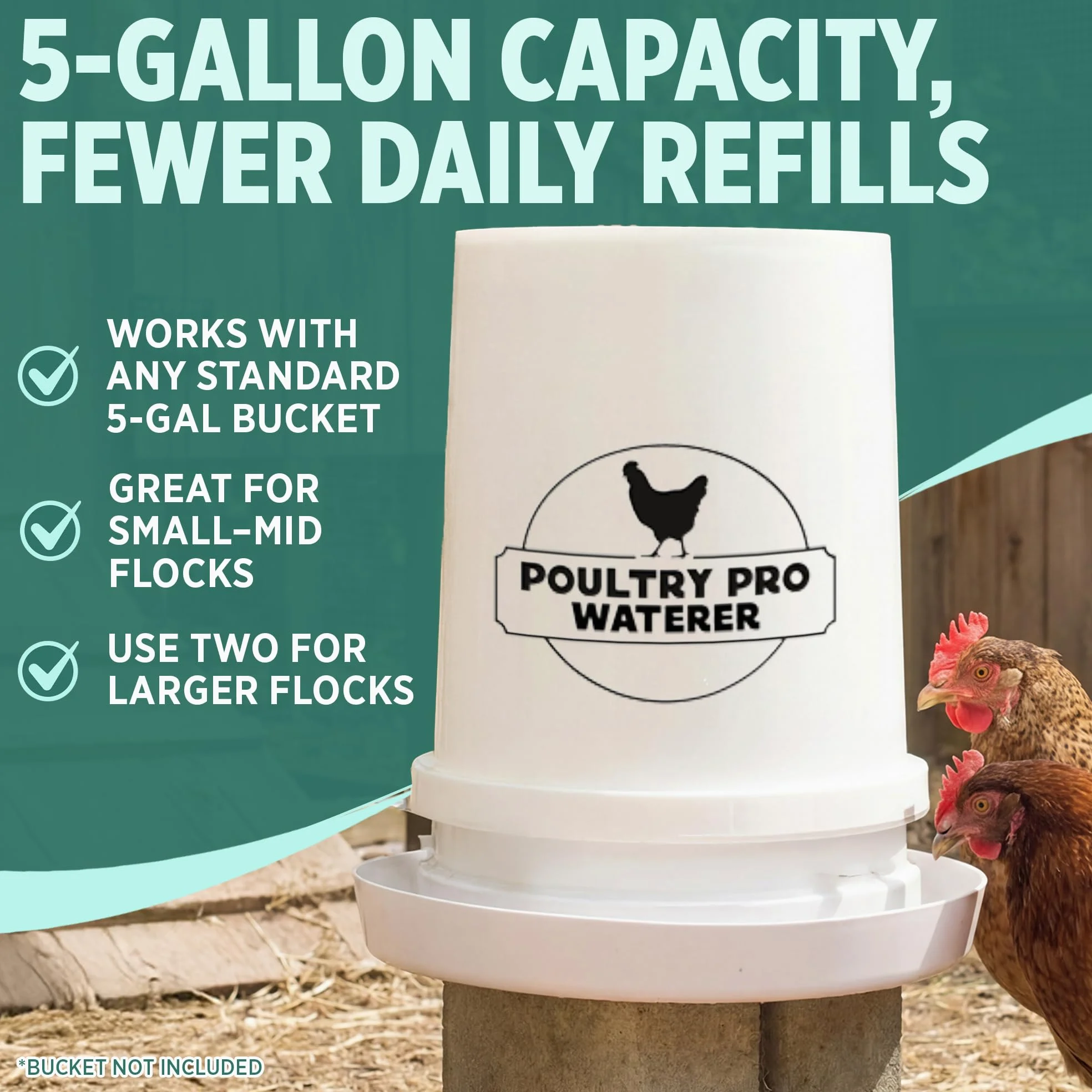 Poultry Pro - Bebedero de pollo para cubo de 5 galones, como se ve en Shark Tank, agua alimentada por gravedad manos libres para pollos, patos y pájaros pequeños, comedero de aves de corral, comedero