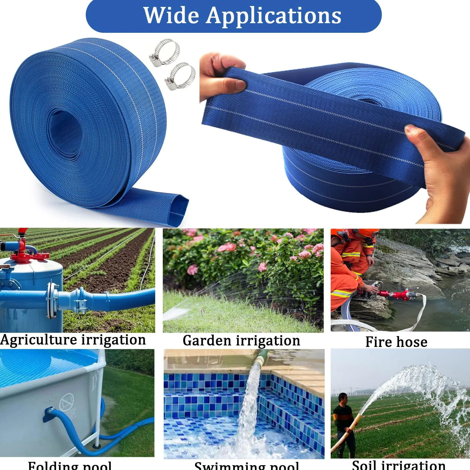 Manguera de retrolavado para piscina, manguera de PVC resistente, manguera de descarga plana, tubo de drenaje flexible para drenaje de piscina, con 2 abrazaderas (1.5 pulgadas x 100 pies)