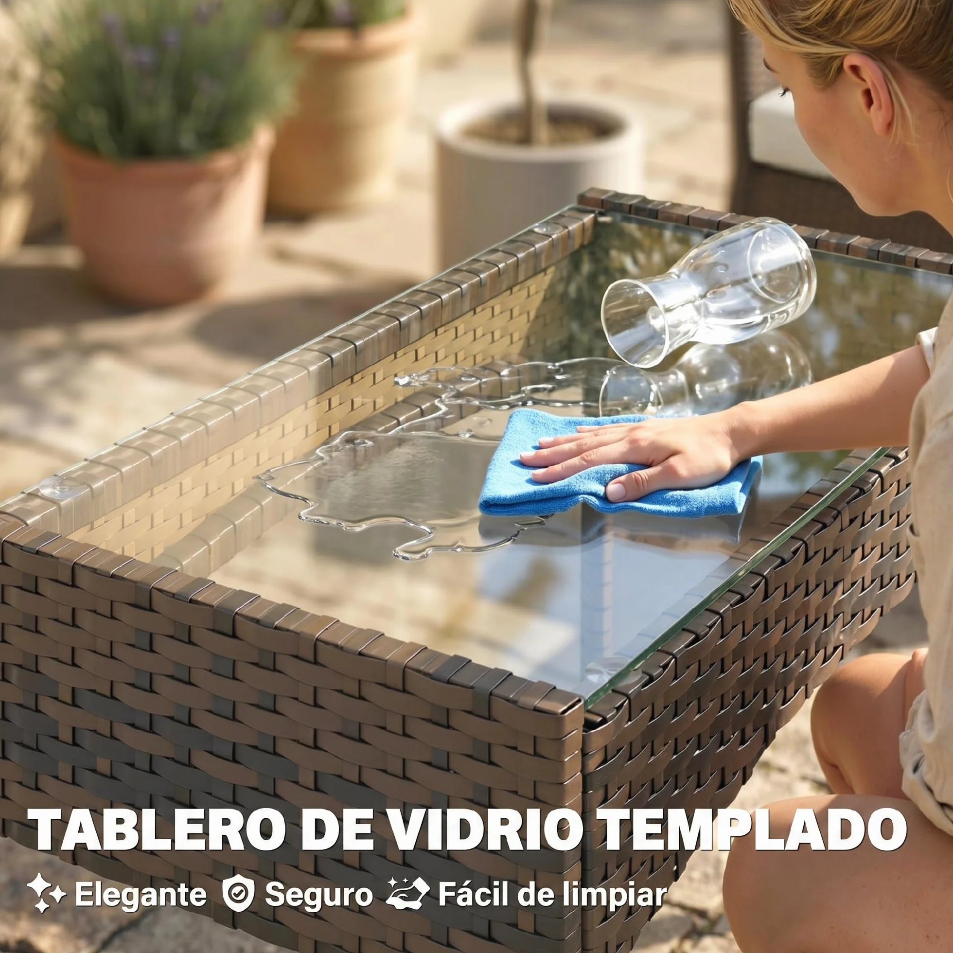 Outsunny Conjunto Jardín Exterior de Ratán con Cojines Conjunto Terraza Resistente a la Intemperie Muebles Jardín Exterior con 2 Sillones Sofá de 2 Plazas Mesa con Cristal Marrón