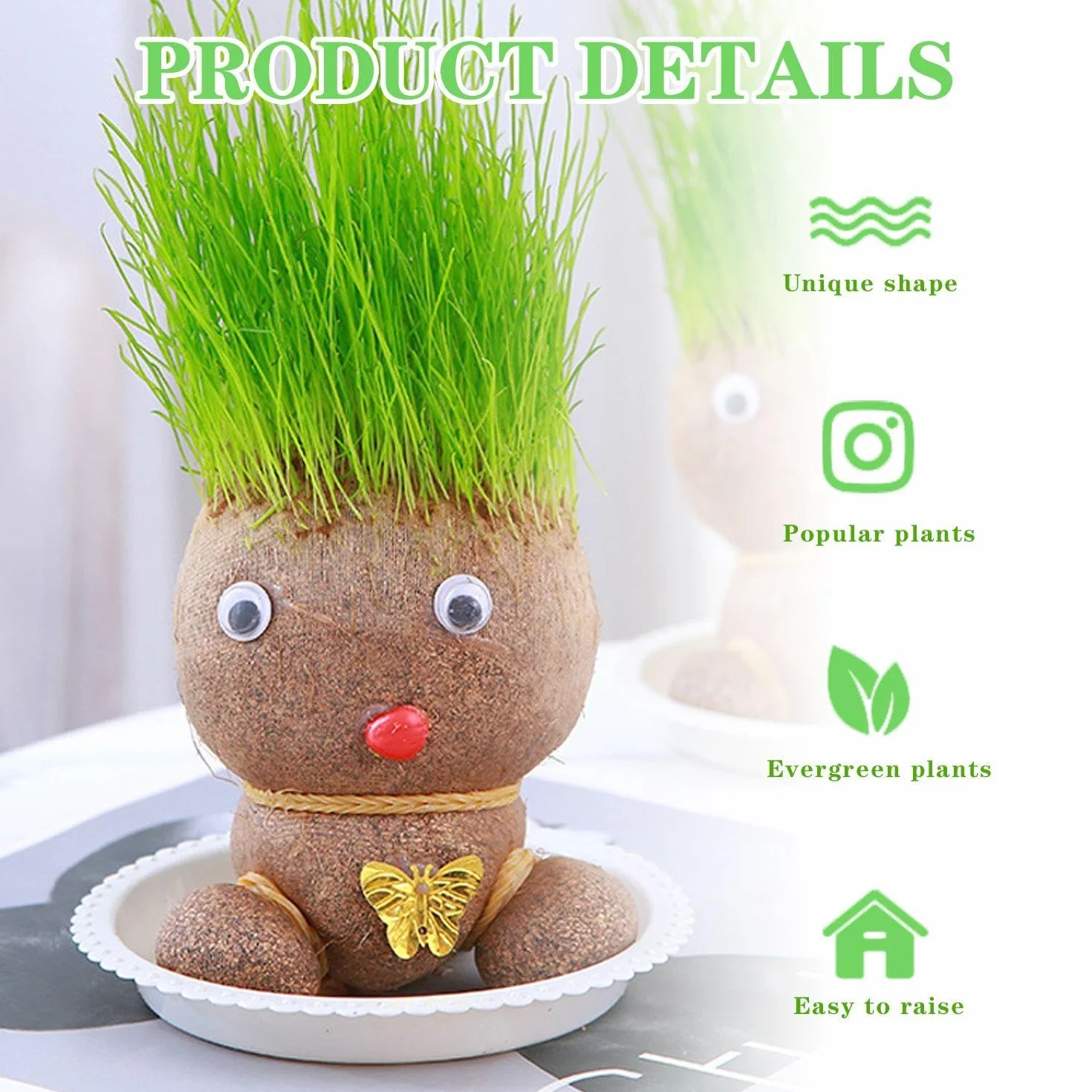 2 muñecos de crecimiento de plantas, 2 bandejas, muñecas de cabeza de hierba con cabeza de flores, mini muñecos de cabeza de hierba bonsai, decoraciones creativas de escritorio de oficina