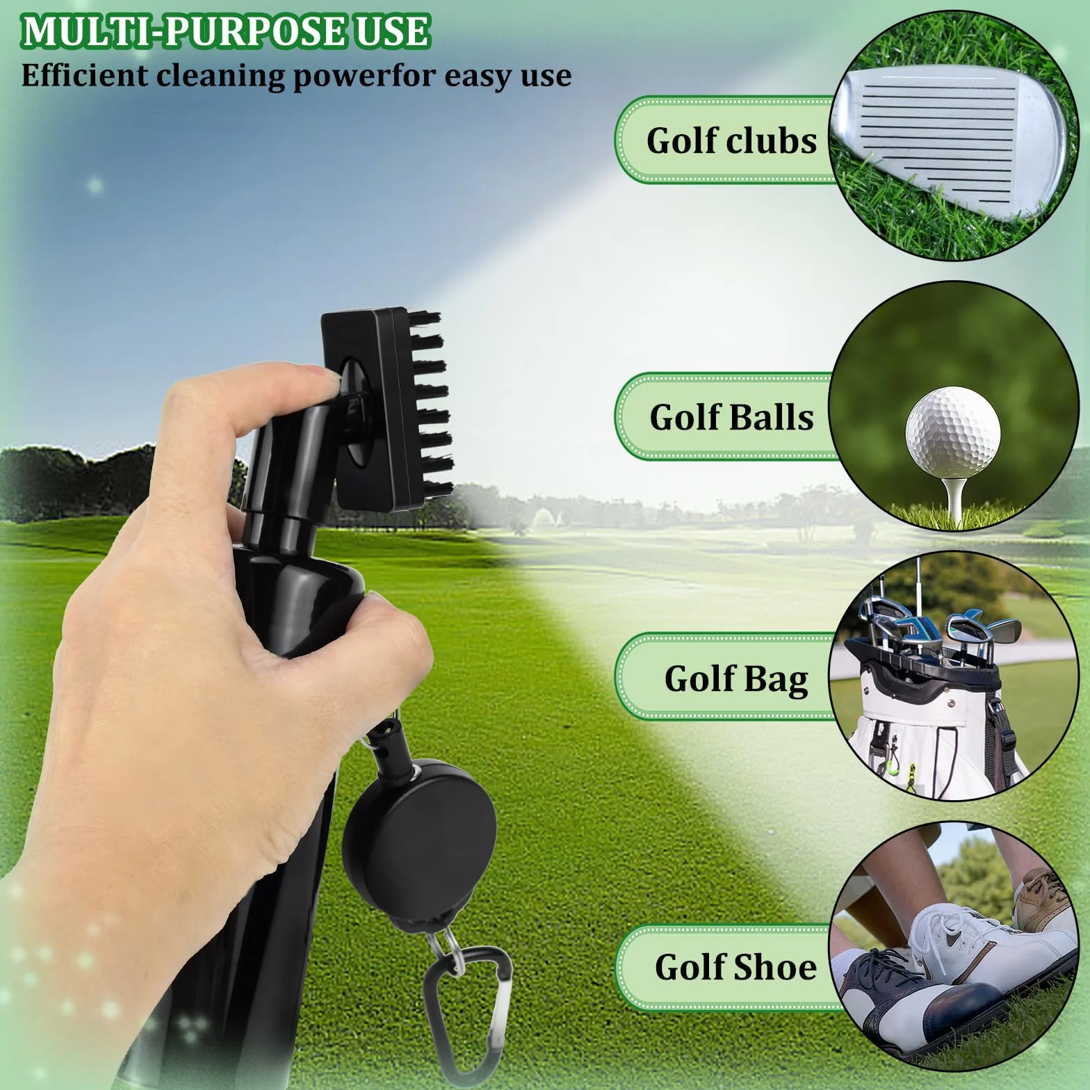 Cepillo limpiador de ranuras para palos de golf multifuncional con spray de agua y ganchos