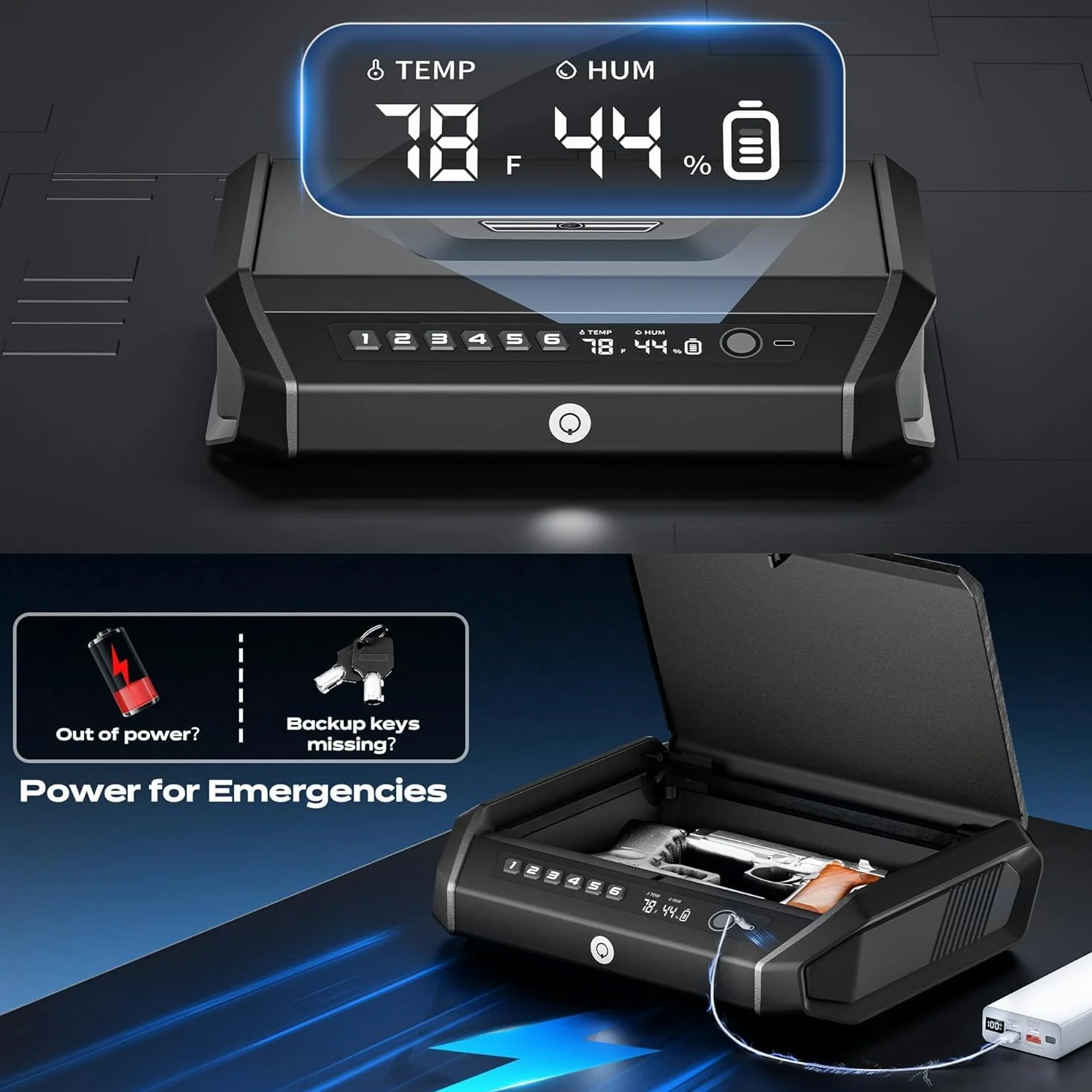 Caja fuerte para armas con pantalla LCD, acceso rápido, huella dactilar, teclado, llave