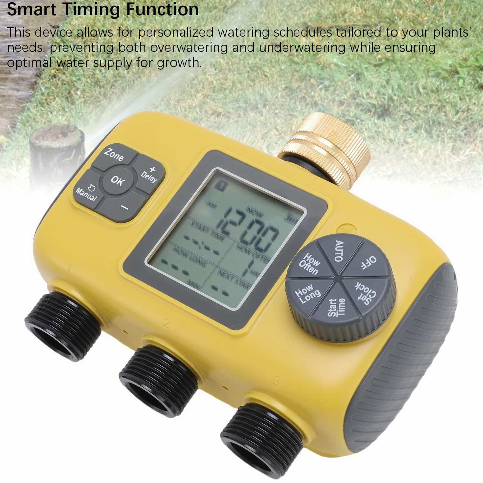 Temporizador de Manguera programable |Pantalla Digital de 3 Salidas para jardín al Aire Libre/césped/Plantas en macetas |Temporizador de riego para grifos de 3/4-1/2 Pulgadas