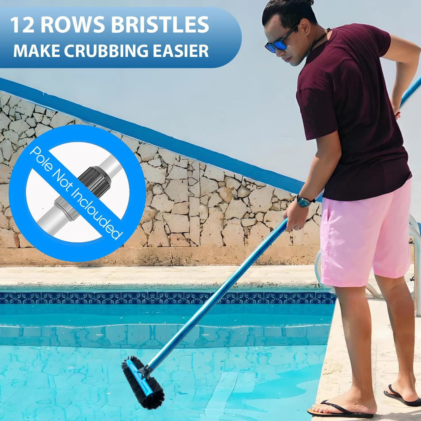 Cabezal de cepillo de piscina de 20 pulgadas de ancho, cepillo de limpieza de piscina resistente con cerdas de 12 filas, cepillos de piscina enterrados/superiores con extremos curvos, azul