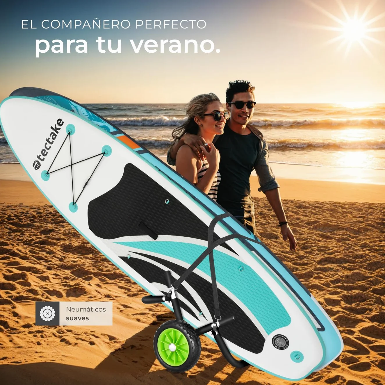 Tectake Carro de Transporte para Tabla de Surf o Padel Surf, Aluminio, 2 Tablas, Ruedas de 24 cm, Negro/Verde