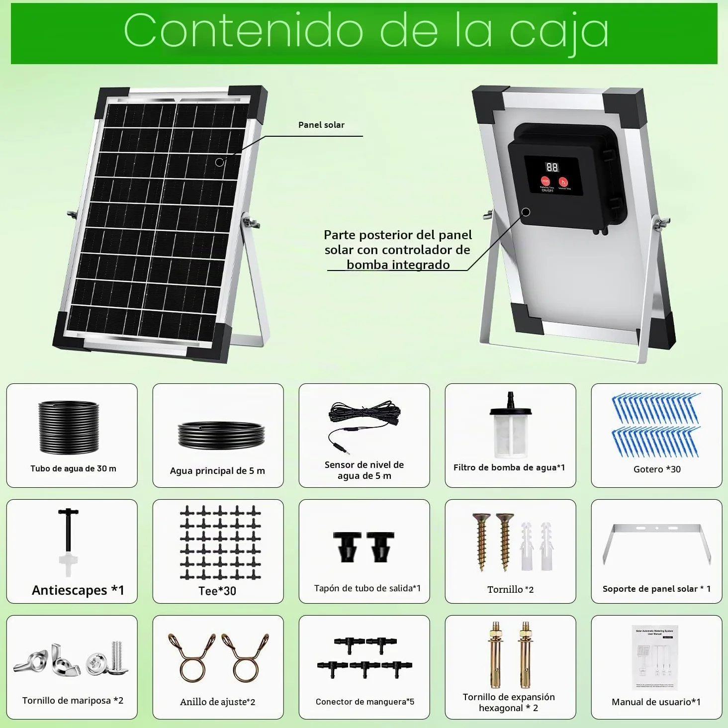Onherm Kit Sistema de Riego por Goteo Automático Solar para Maceta, Manguera de 30 Metros para 1-30 Plantas en Macetas, 300 Modos de Temporizador, pare Jardín, Balcón y Huerta