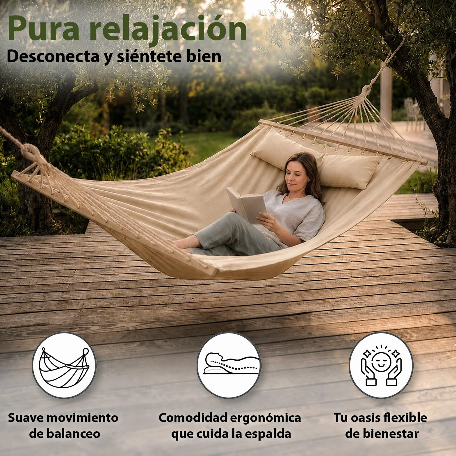 BB Sport Hamaca Colgante Doble Dos Personas 240 x 150 cm Carga 300 kg Jardin Terazza, Color:Playa