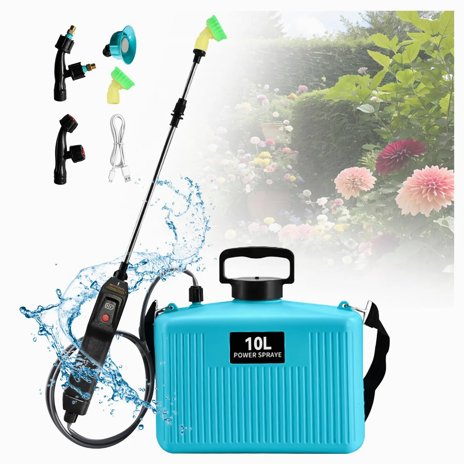 Pulverizador eléctrico de mochila de 10 L, con mango recargable por USB, 4000 mAh, con 4 boquillas