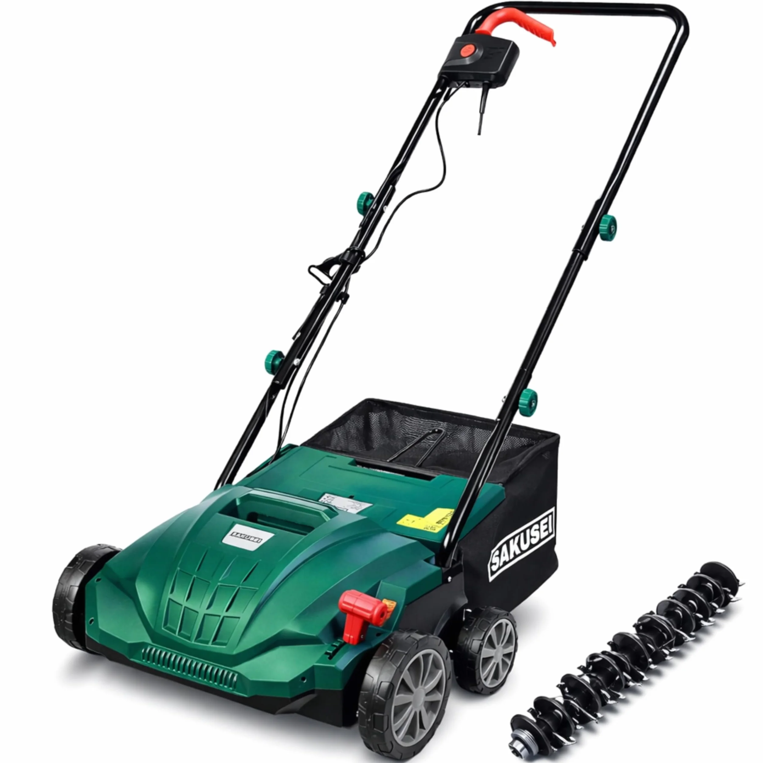 Escarificador/rastrillo/aireador eléctrico 1500 W, eliminación de hojas muertas y musgo, aireador de tierra, bolsa de 30 litros, cable 10 m