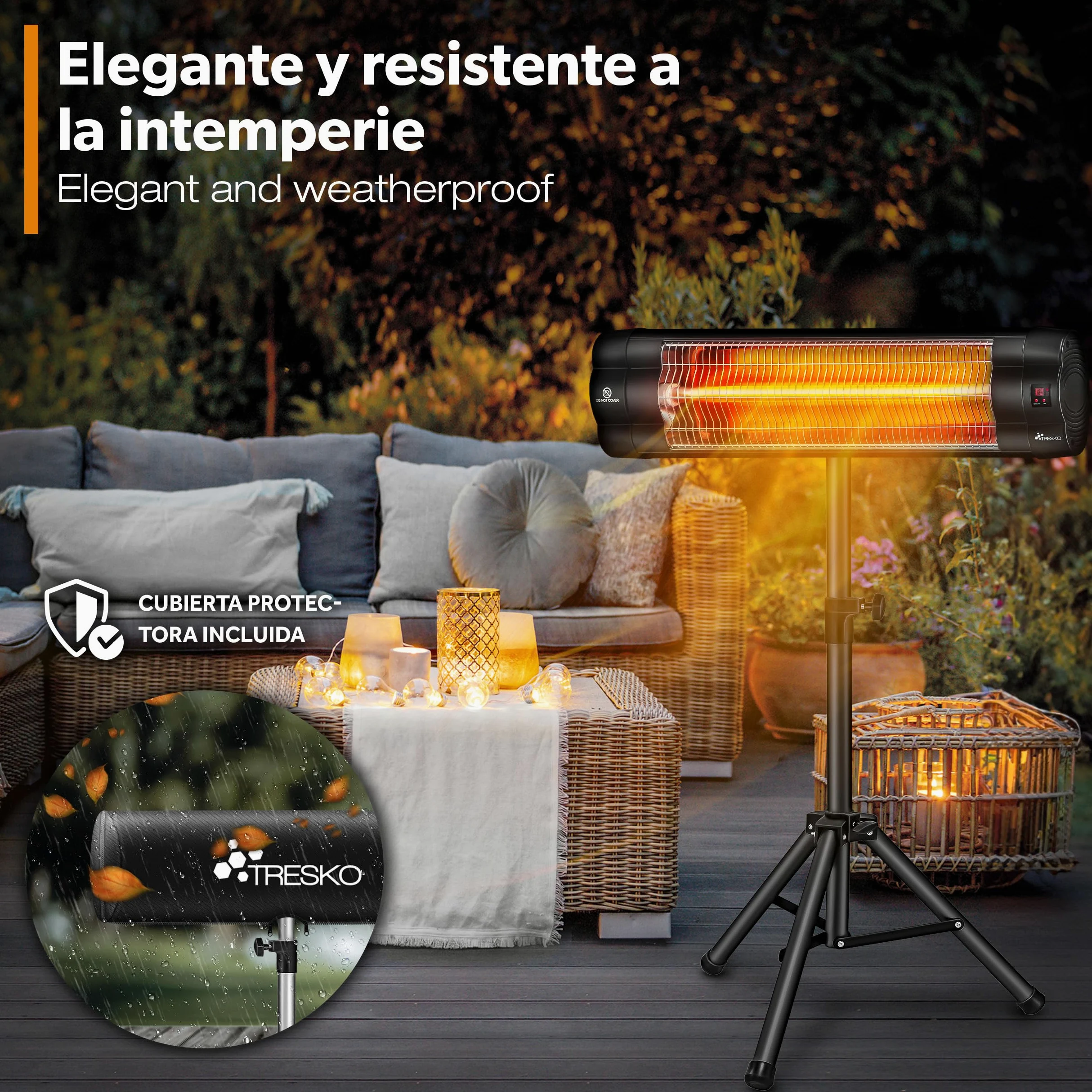 TRESKO Calefactor por Infrarrojos 2500W Control Remoto Estufa Radiante 3 Temperaturas Radiador Eléctrico Exterior Interior Calentador Altura Regulable Negro