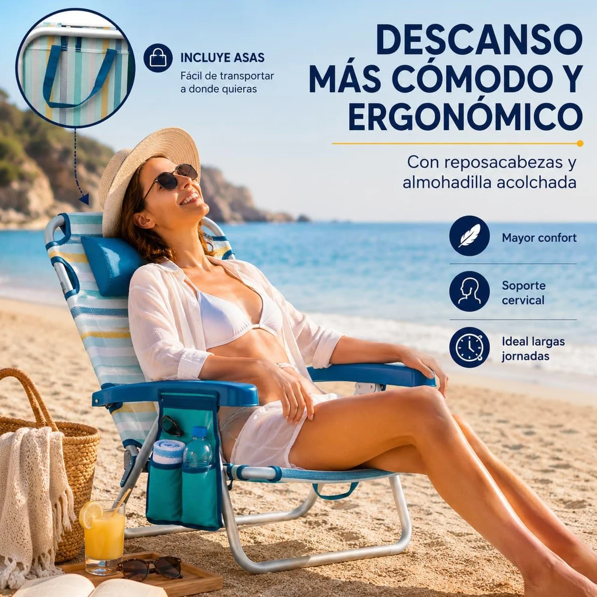 Silla Playa Plegable multiposición - con reposacabezas, Almohadilla y Bolso Lateral - Estructura de Aluminio Ligera y Tela Transpirable - Asas de Mano integradas