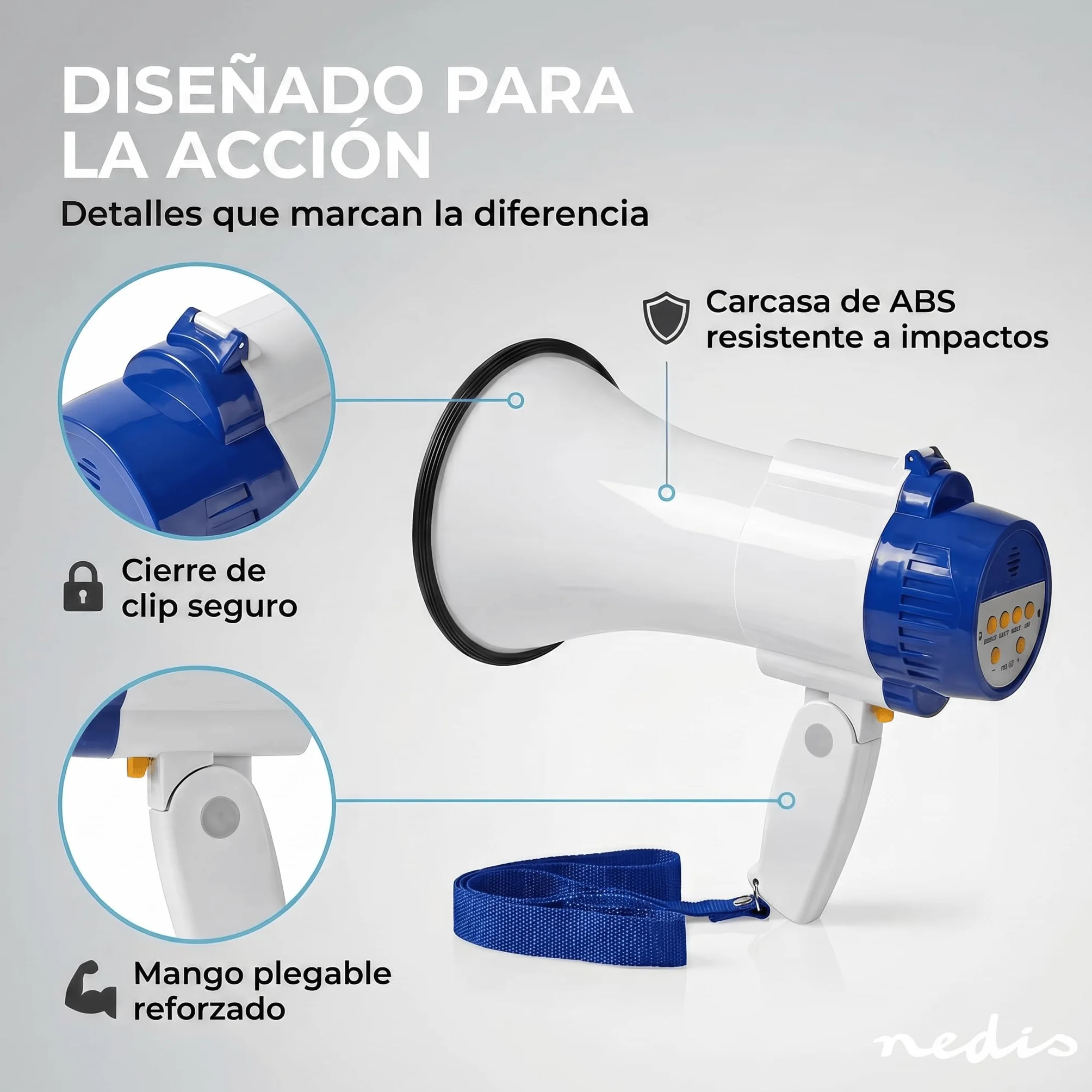 Nedis megáfono 250 m 150 dB blanco azulado con correa y micrófono incorporado sirena grabación