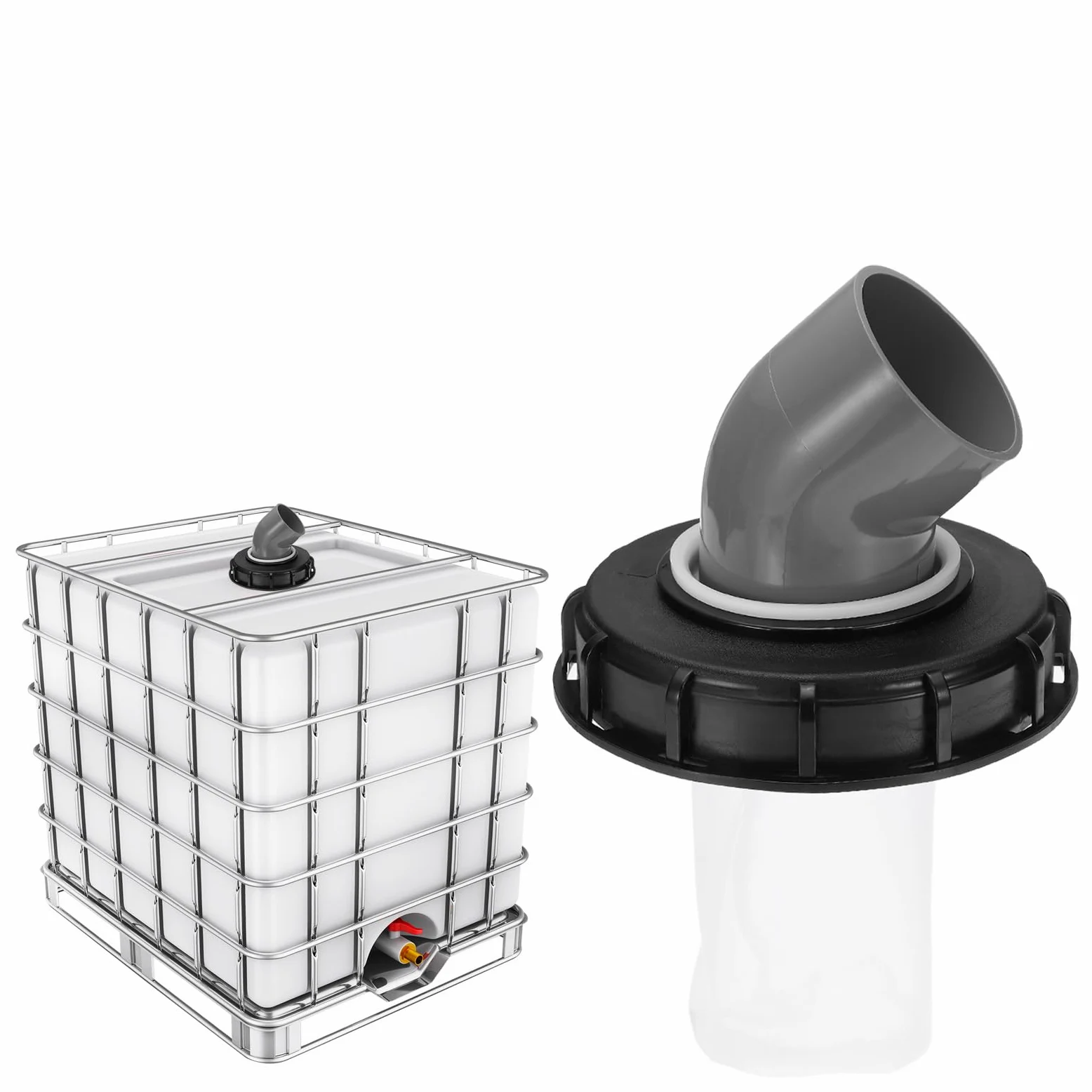 sourcing map Tapa de filtro IBC de 163 mm, adaptador de manguera de plástico IBC de 45°, contenedor de tanque de agua de lluvia de 1000 L con filtro de nailon lavable para tanques de agua de 275