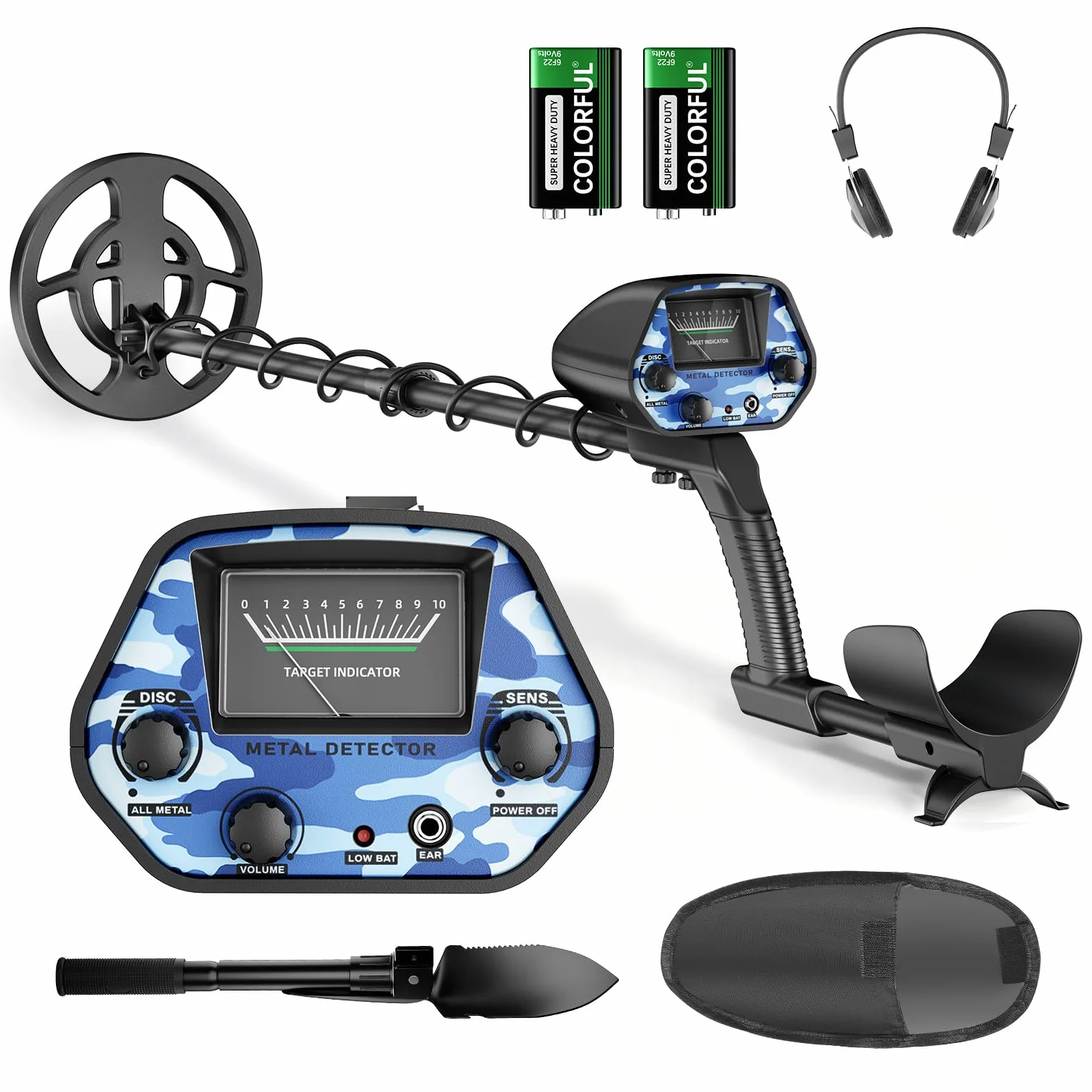 Detector de metales para adultos y niños, bobina impermeable IP68, detector de oro ajustable en altura 94-122cm, profundidad 18cm, diseño ligero para oro, monedas, búsqueda en playa(Azul-Negro (Juego)