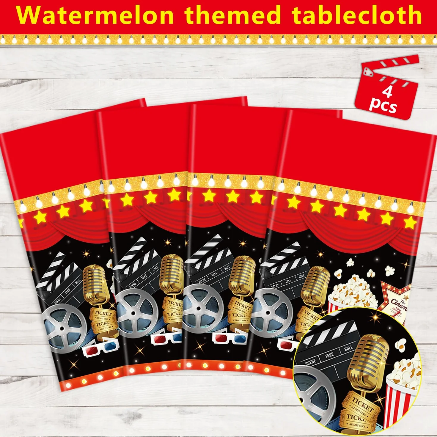 4 piezas de manteles de noche de película temática de cine decoraciones de fiesta alfombra roja manteles palomitas de maíz mantel entrega de premios se muestra ahora tema cumpleaños accesorios 130 x