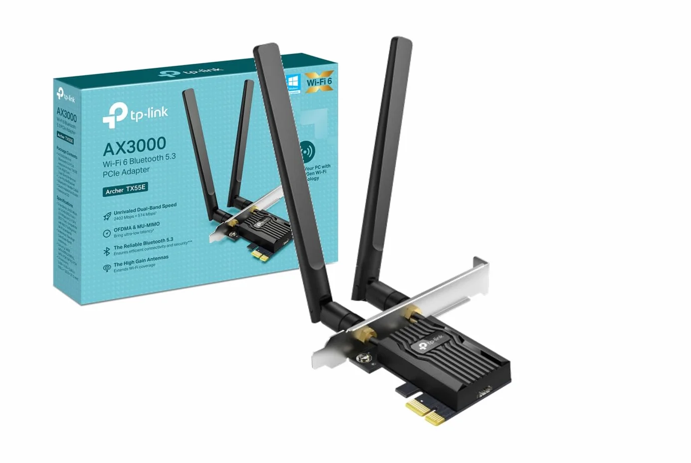TP-Link Archer TX55E Tarjeta de Red PCIe AX3000 Wi-Fi 6 Bluetooth 5.2 Negro