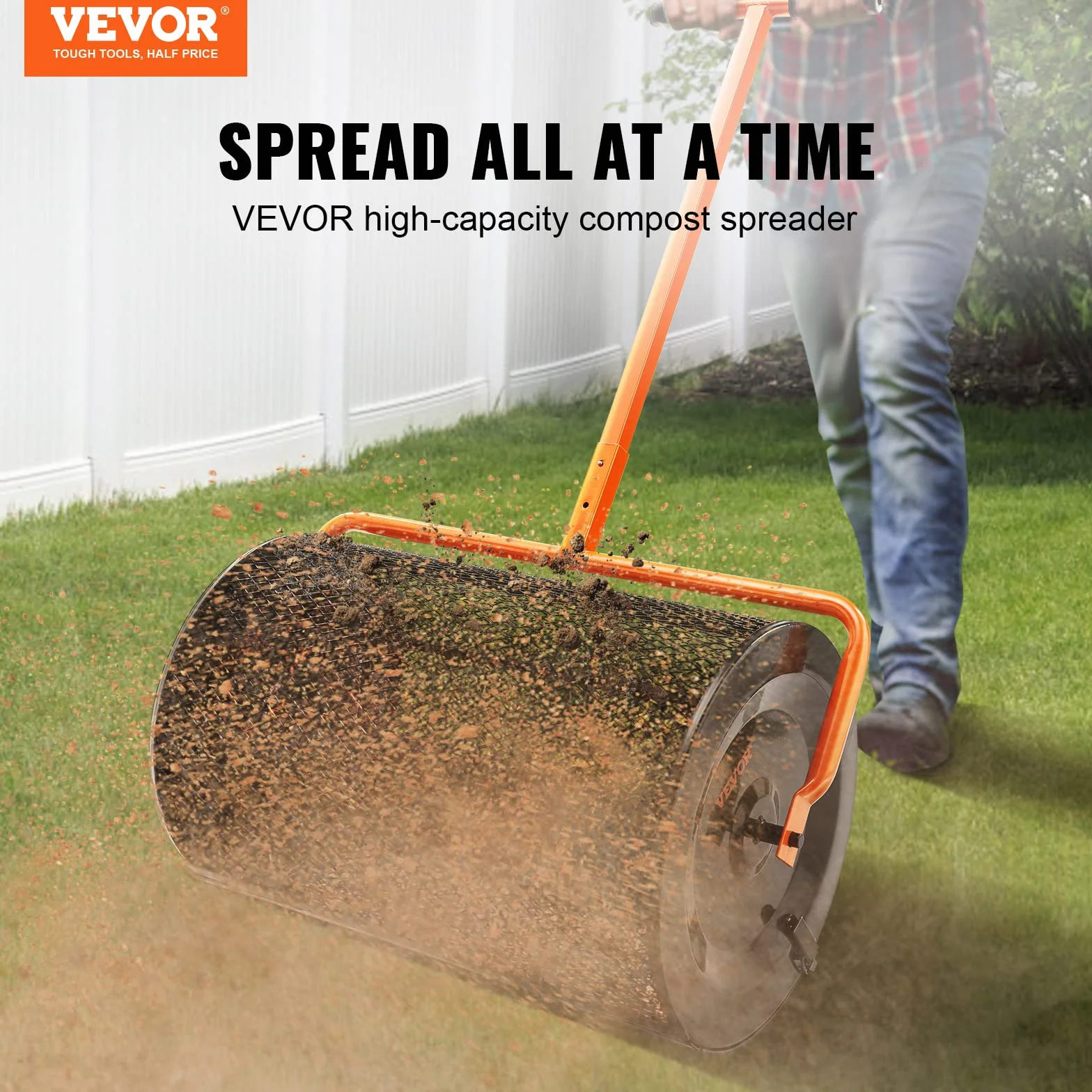 VEVOR Esparcidor de Abono Ancho de 61 cm Esparcidor de Turba y Musgo Mango Regulable en Altura 62,5-67,5 cm Cesta de Malla de Acero Cierres Laterales para Esparcir Estiércol Césped Jardín, Negro