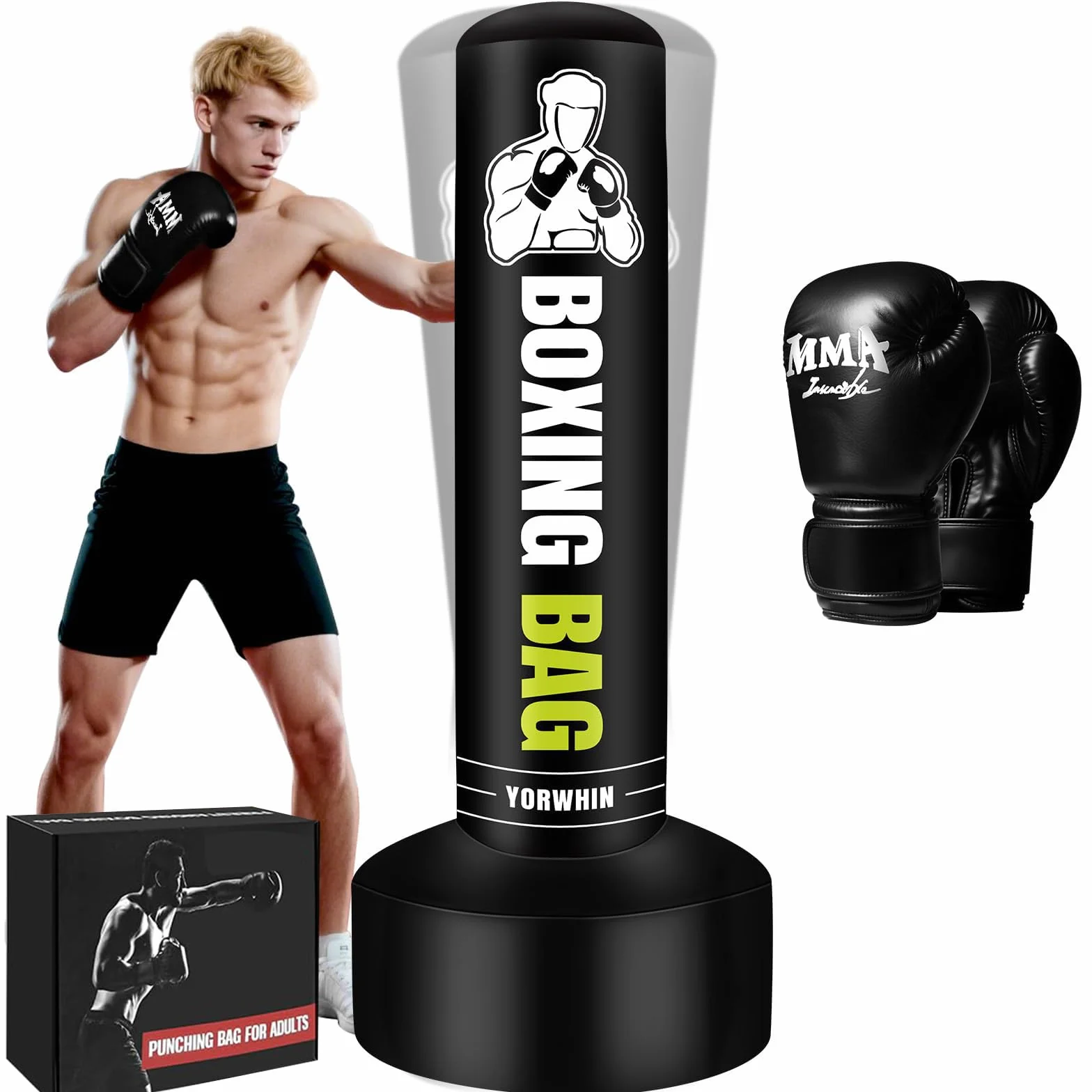 YORWHIN Pesado Saco de Boxeo Adultos con Guantes de Boxeo, Freestanding Saco Boxeo Inflable Kickboxing Boxeo Bolsa para Entrenamiento MMA Muay Thai