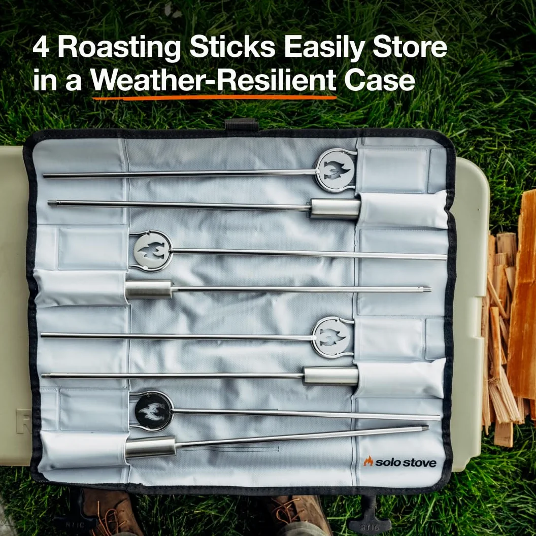 Solo Stove Herramientas para Brasero y varillas para asa, Juego de 7 piezas: 4 varillas para asar (91,44cm), 1 atizador de madera angular (92,7cm) y 1 pinzas para troncos (81,3cm), 1 funda protectora