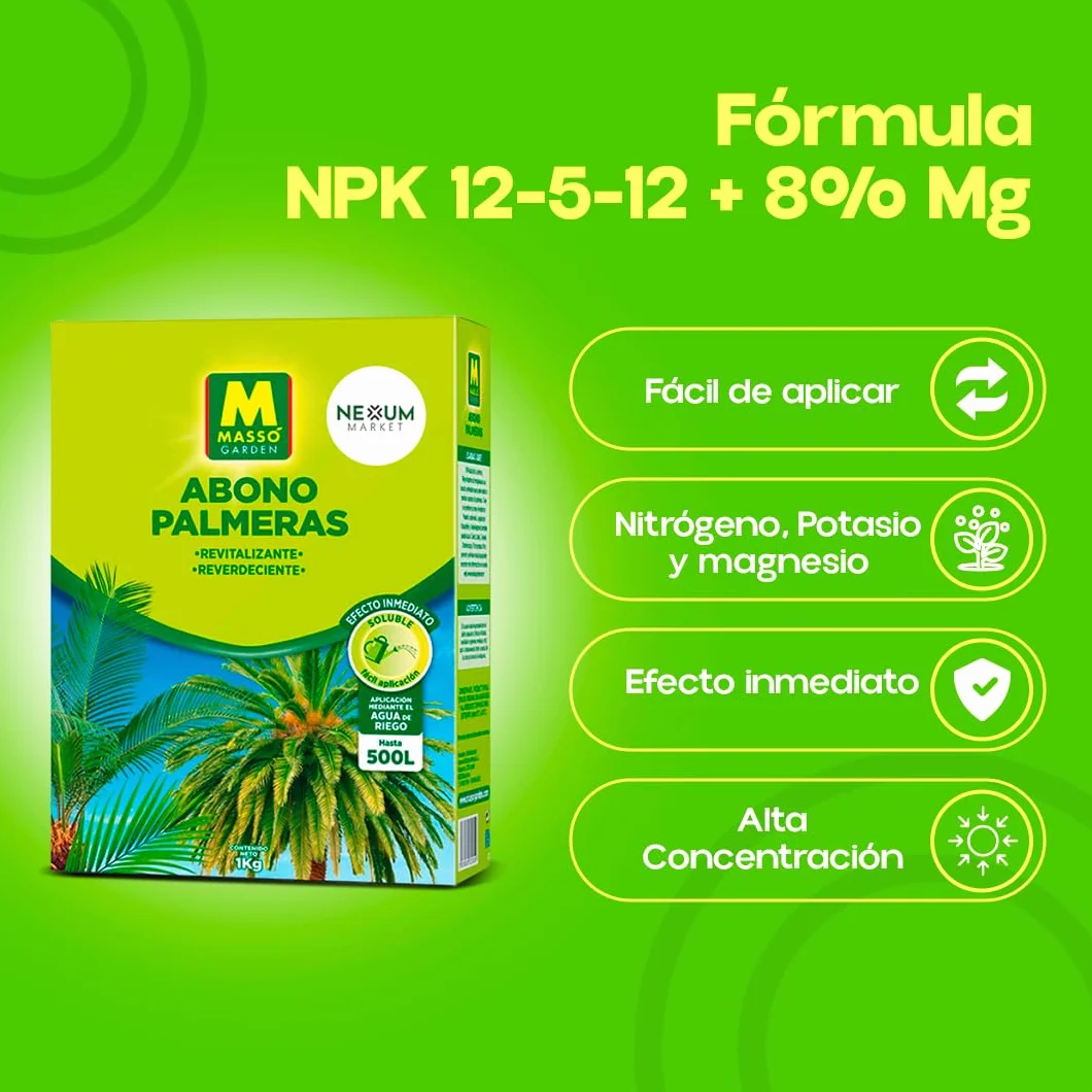 Abono para Palmeras Profesional 1Kg | Fertilizante para Plantas de Efecto Inmediato Revitalizante y Reverdeciente | Ideal para Exterior e Interior, Soluble en Agua de Riego (Hasta 500L) | Nexum Market