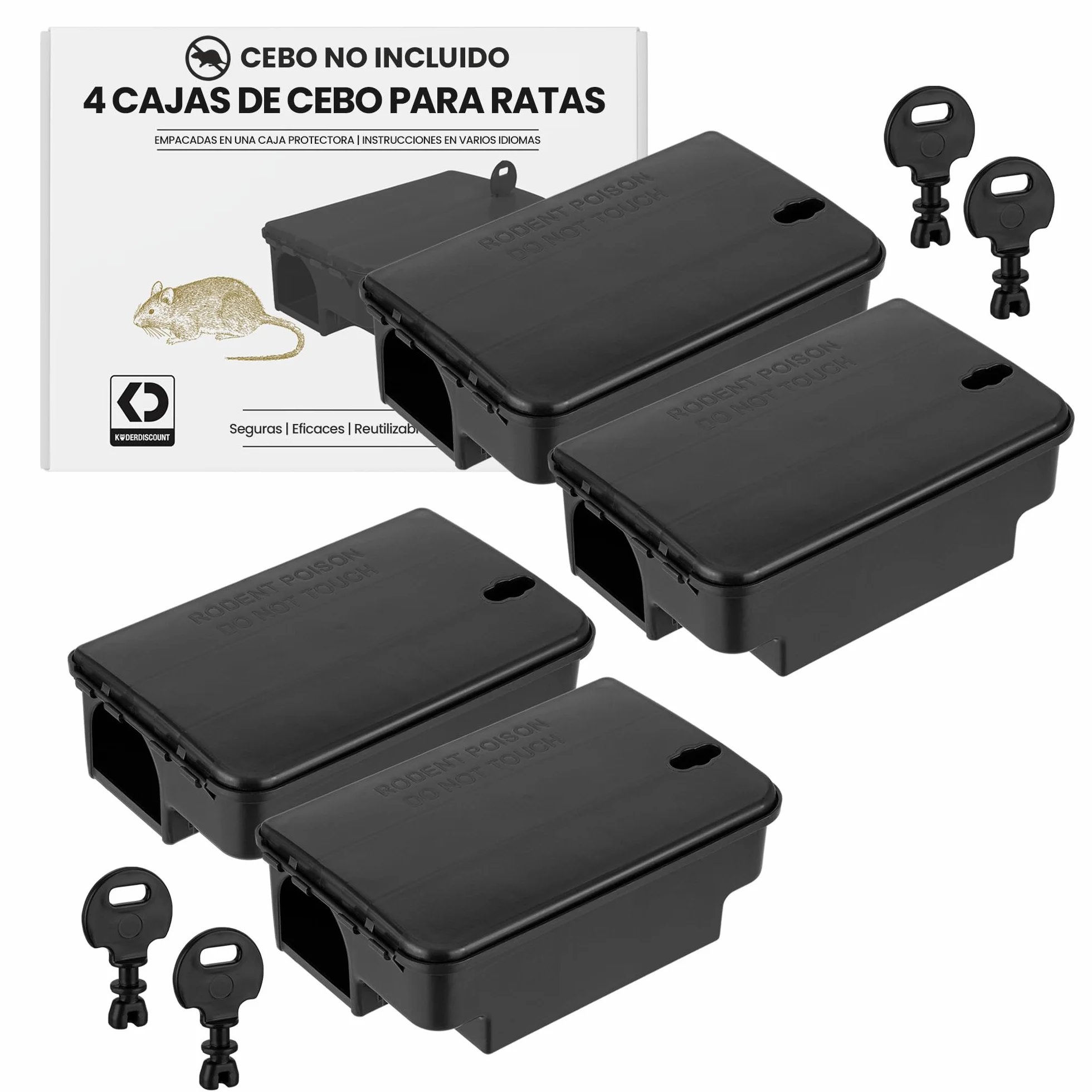 Estación de Cebo para Ratas y Ratones – Caja Portacebo Vacía con Llave de Seguridad y Tapa Negra, Protección para Niños y Mascotas, Uso Profesional y Doméstico, sin Cebo (4 Unidades)
