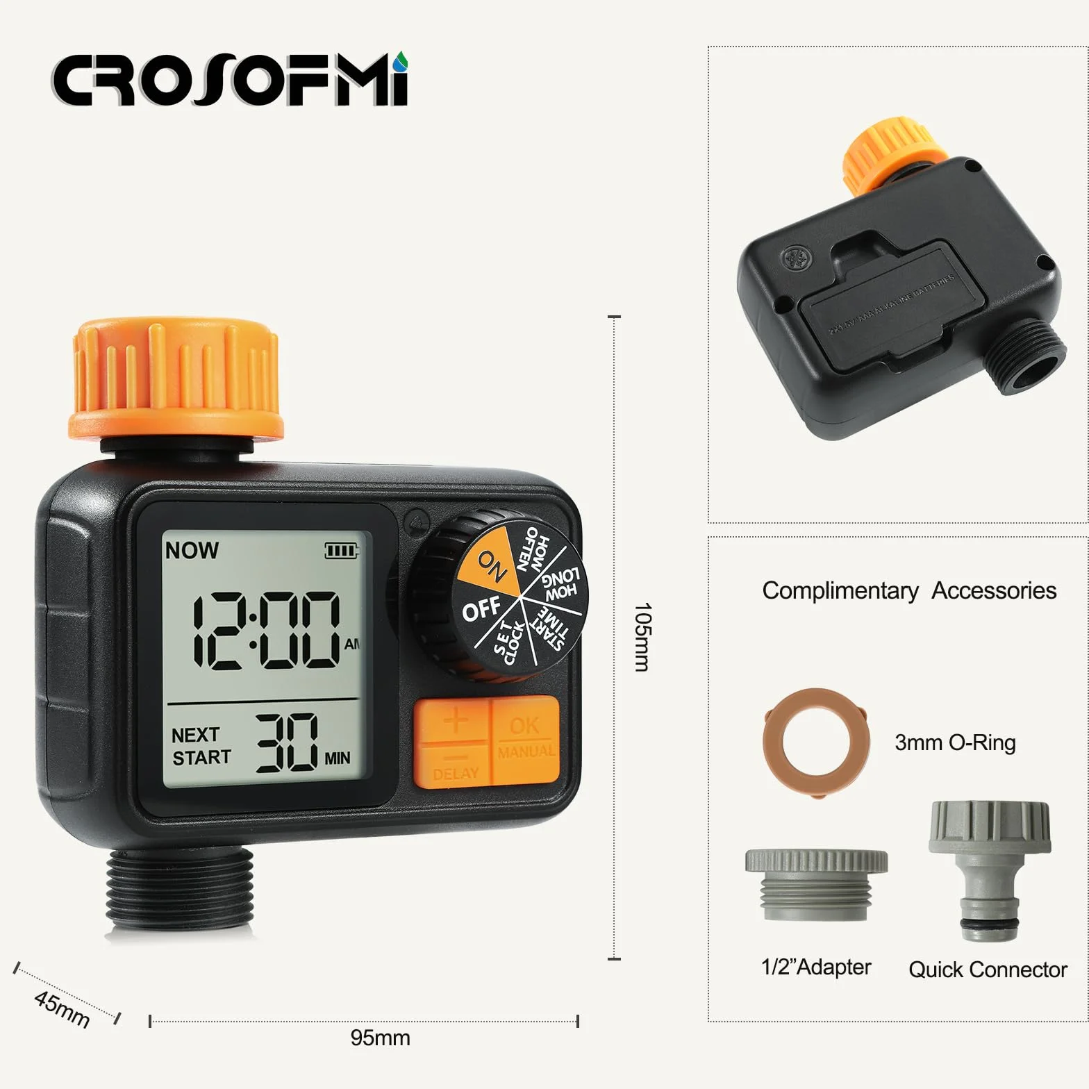 CROSOFMI Programador Riego Automatico Jardin Temporizador Riego IPX5 Resistente al Agua/Retraso por Lluvia/Modo de Riego Manual/Bloqueo para Niños