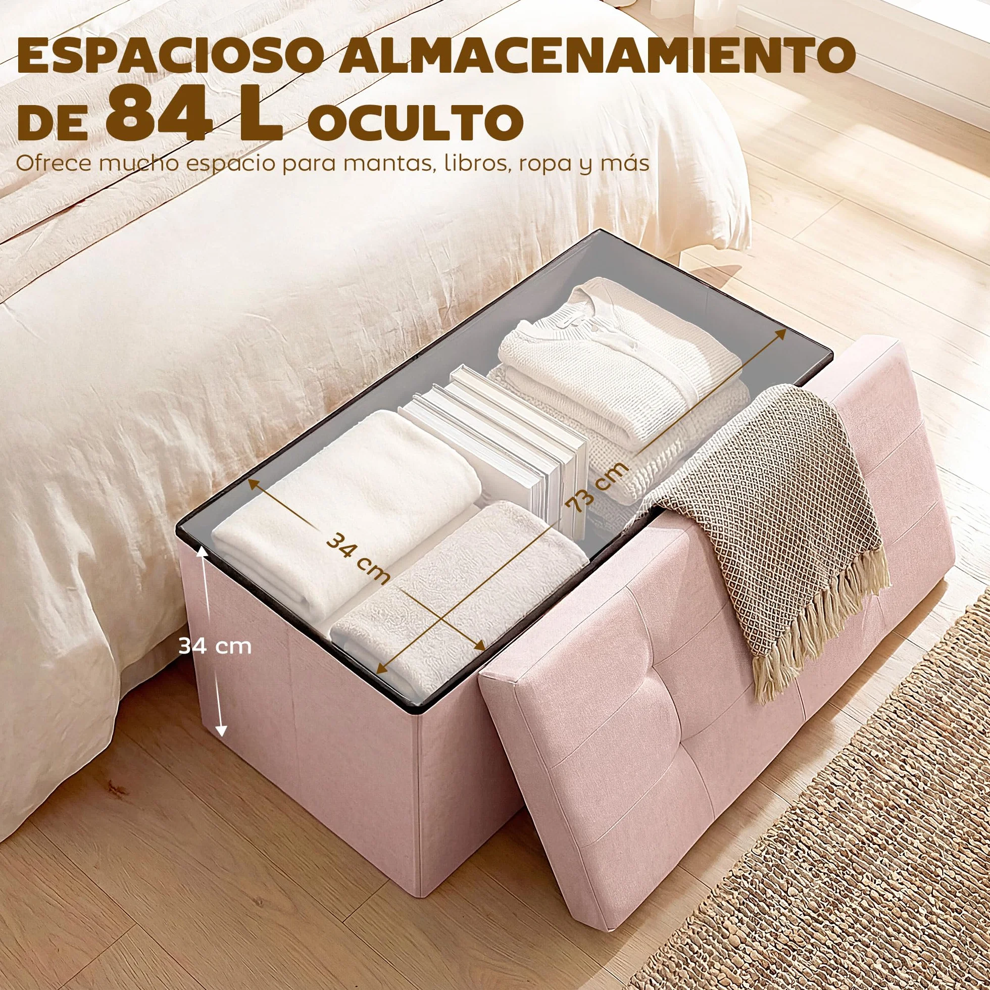HOMCOM Puff Almacenaje, Banco Almacenaje Plegable, 84 L, 76x38x38 cm, Tapizado en Lino Sintético, Baúl de Almacenamiento, Carga 120 kg, Taburete para Sala de Estar, Dormitorio, Entrada, Rosa