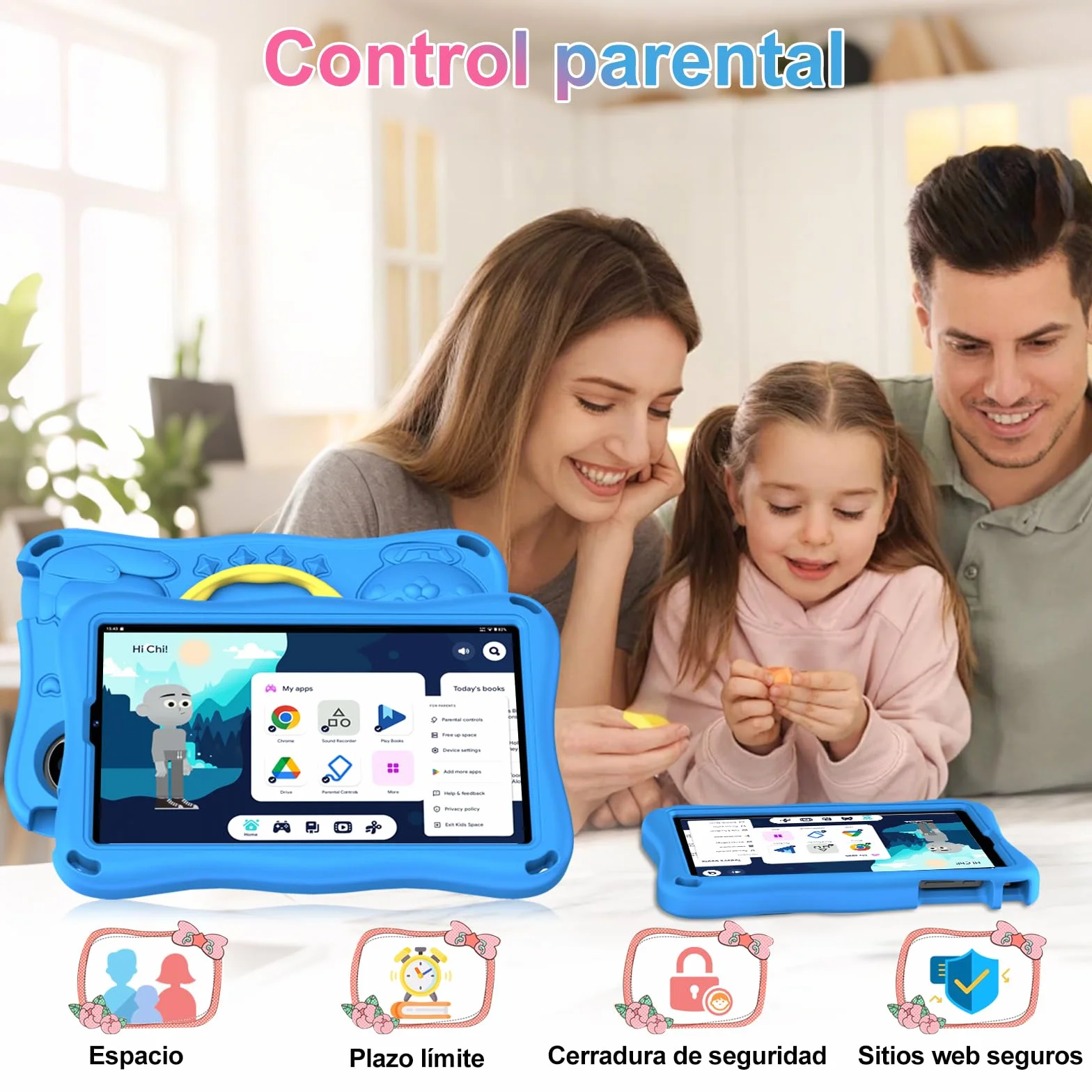 Tablet para niños 9 pulgadas Android 15 12 GB RAM 1 TB TF 5G WiFi Widevine L1 Octa-Core 5000 mAh control parental funda Eva Azul