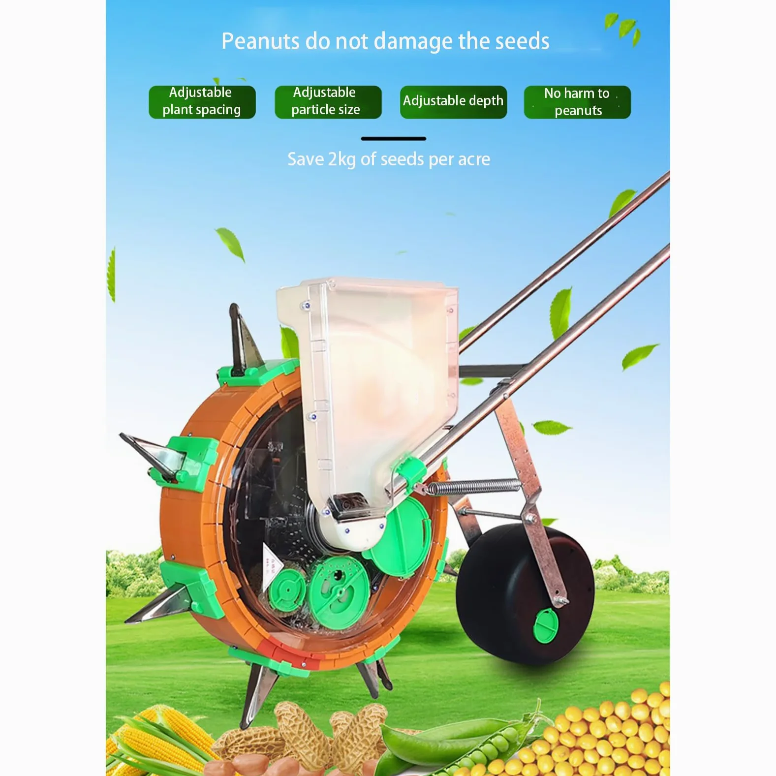 Sembradora de hortalizas a Empuje, sembradora de una hilera, sembradora Manual de césped para jardín, Profundidad Ajustable para maíz, Frijoles, algodón y maní, 7 Bocas