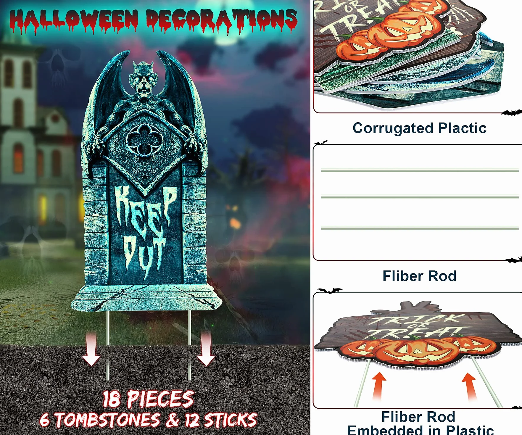 Juego de 6 Lápidas de Halloween Efecto Fluorescente -Decoración Horrorosa Interiores|Exteriores Lápidas de Cementerio Falsas de Halloween - Patio Trasero| Césped| Jardín| Casa Embrujada