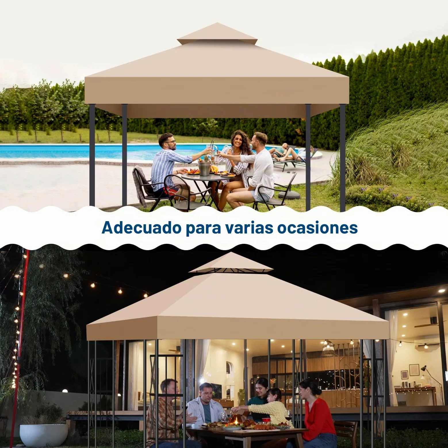 Toldo Recambio Pergola 3x3 m, Techo de Repuesto con Ventilación para Cenador de Jardín, Cubierta Amovible Lona Impermeable con Protección UV para Barbacoa, Bodas, Fiestas y Camping(Caqui)