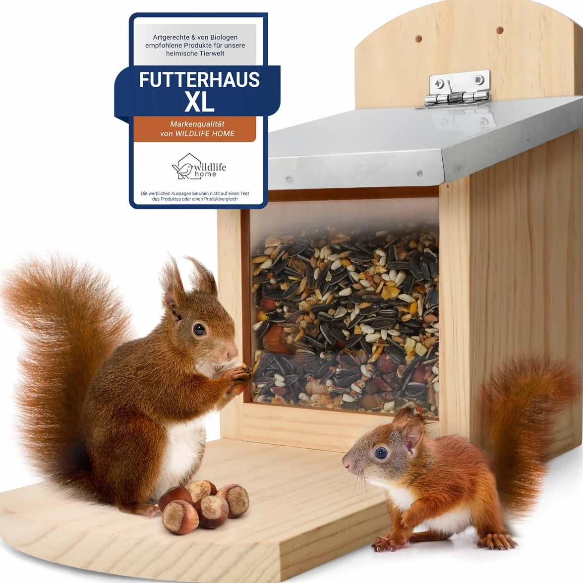 WILDLIFE HOME Comedero para ardilla XL con techo de metal, estación de alimentación de madera maciza atornillada, resistente a la intemperie y sin tratar, casa para ardillas