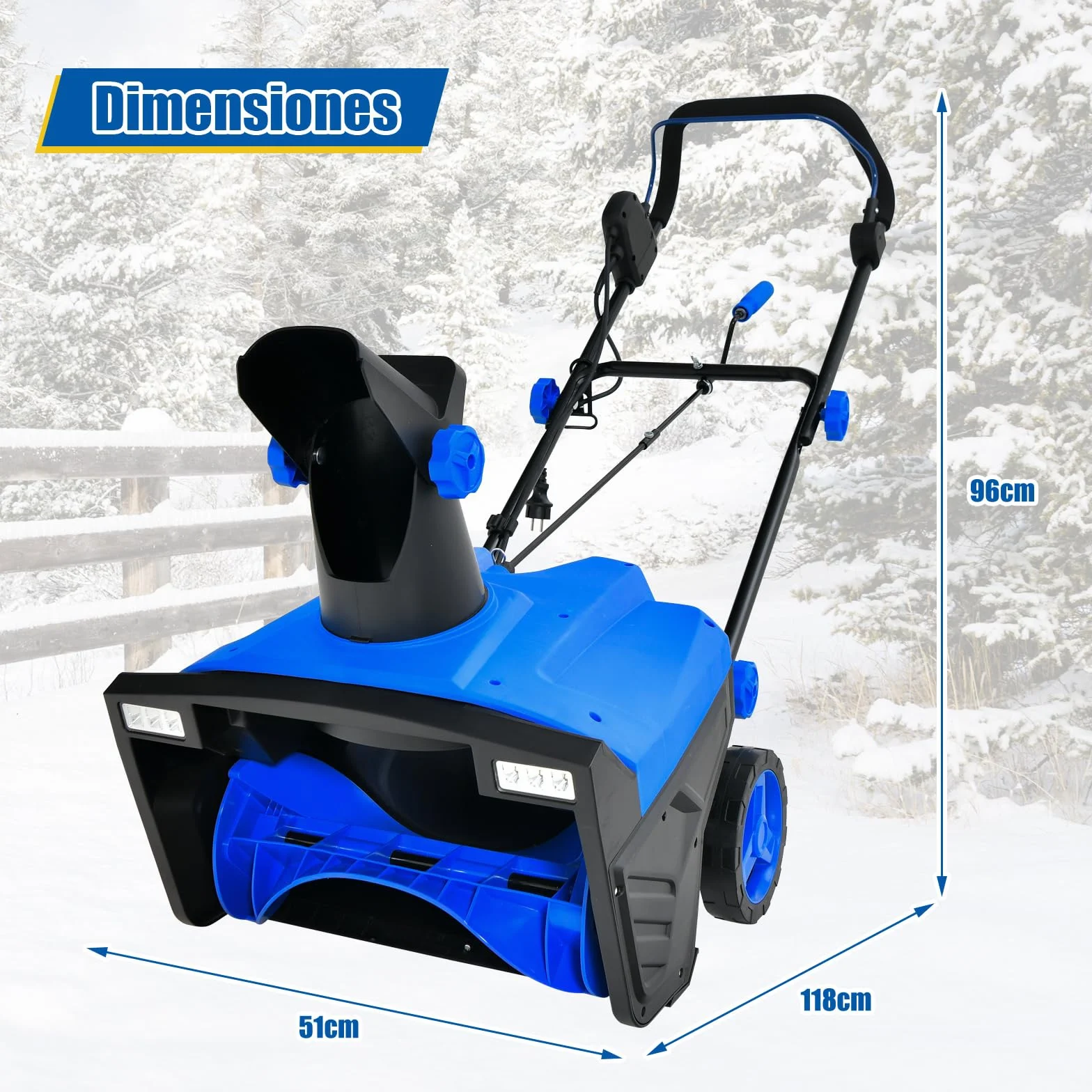 COSTWAY Quitanieves Eléctrico, 2300w, 3000RPM, Chorro Giratorio de 180°, Pala de Nieve con Ruedas y Cable, Distancia de Lanzamiento de 9 M, Máquina Quitanieves con Luces LED Duales (Azul)