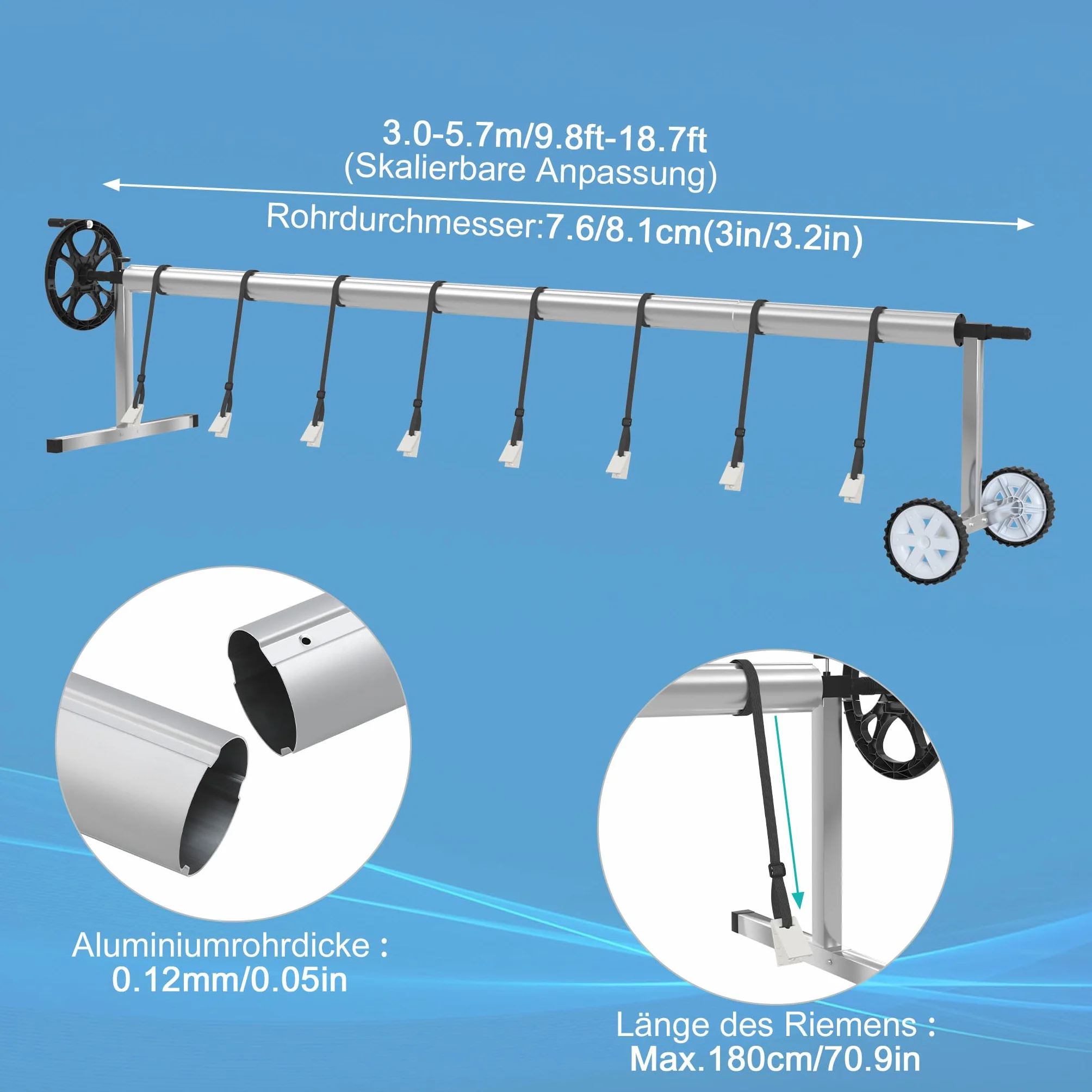 Cubierta de piscina de aluminio, sistema de enrollado con manivela, ruedas y 8 clips, ajustable de 3 a 5,7 m para tubos de piscina de 7,6 a 8,1 cm. Dispositivo móvil enrollable