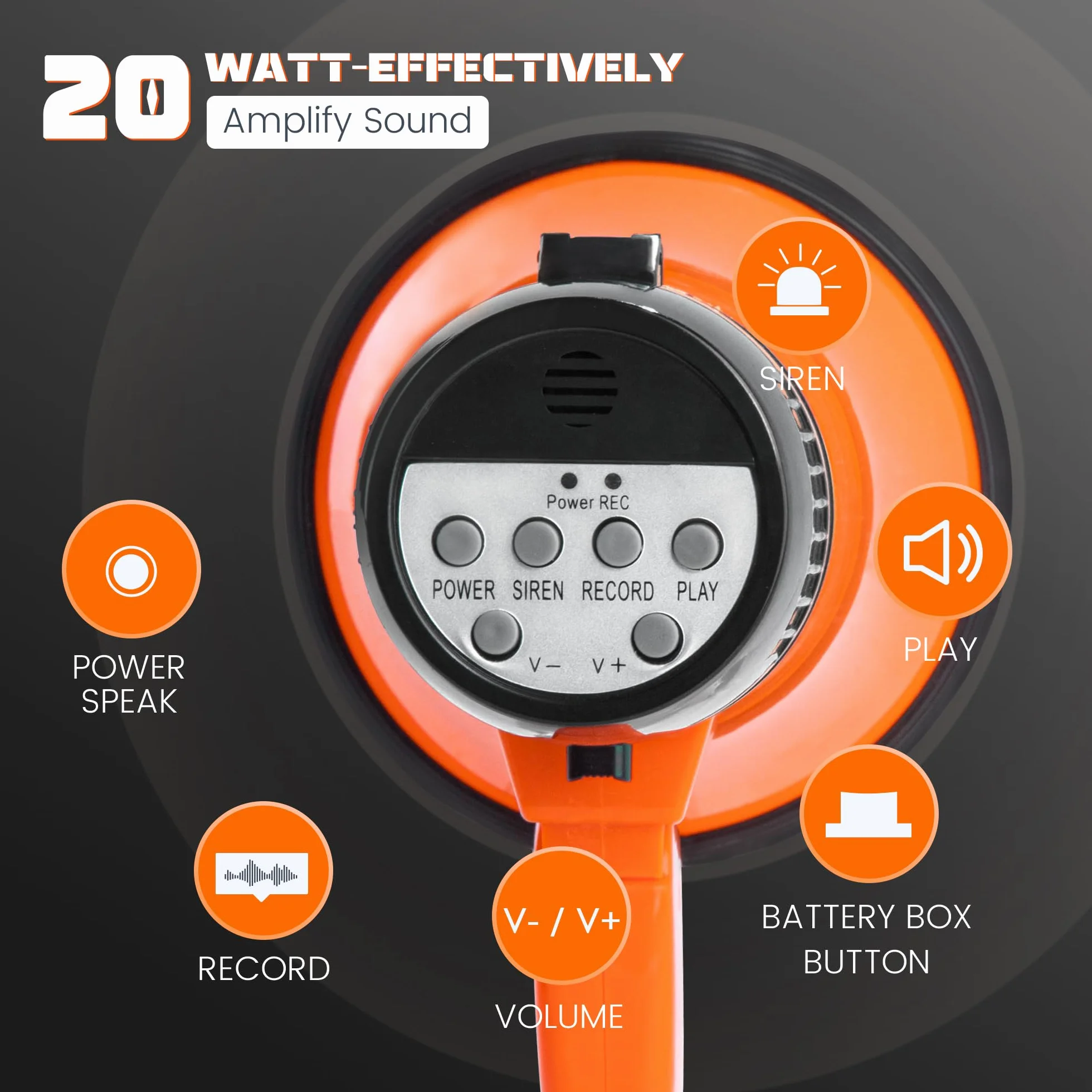 Megáfono portátil 20 W MyMealivos con Altavoz, Sirena, Alarma, Control de Volumen y Correa