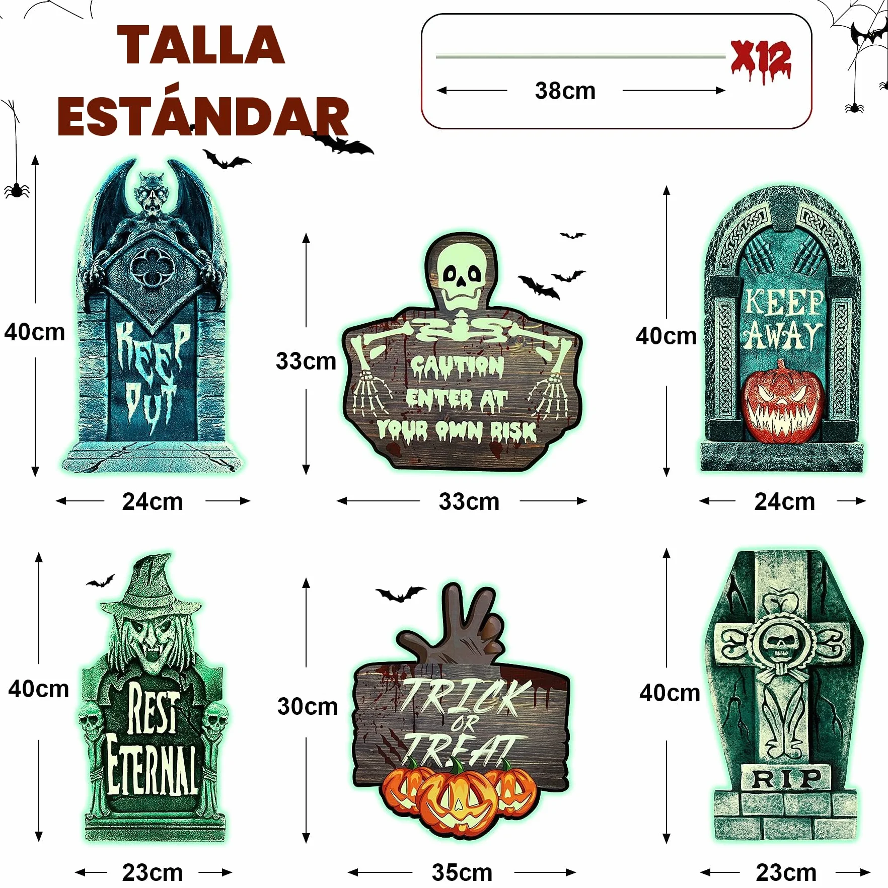 Juego de 6 Lápidas de Halloween Efecto Fluorescente -Decoración Horrorosa Interiores|Exteriores Lápidas de Cementerio Falsas de Halloween - Patio Trasero| Césped| Jardín| Casa Embrujada