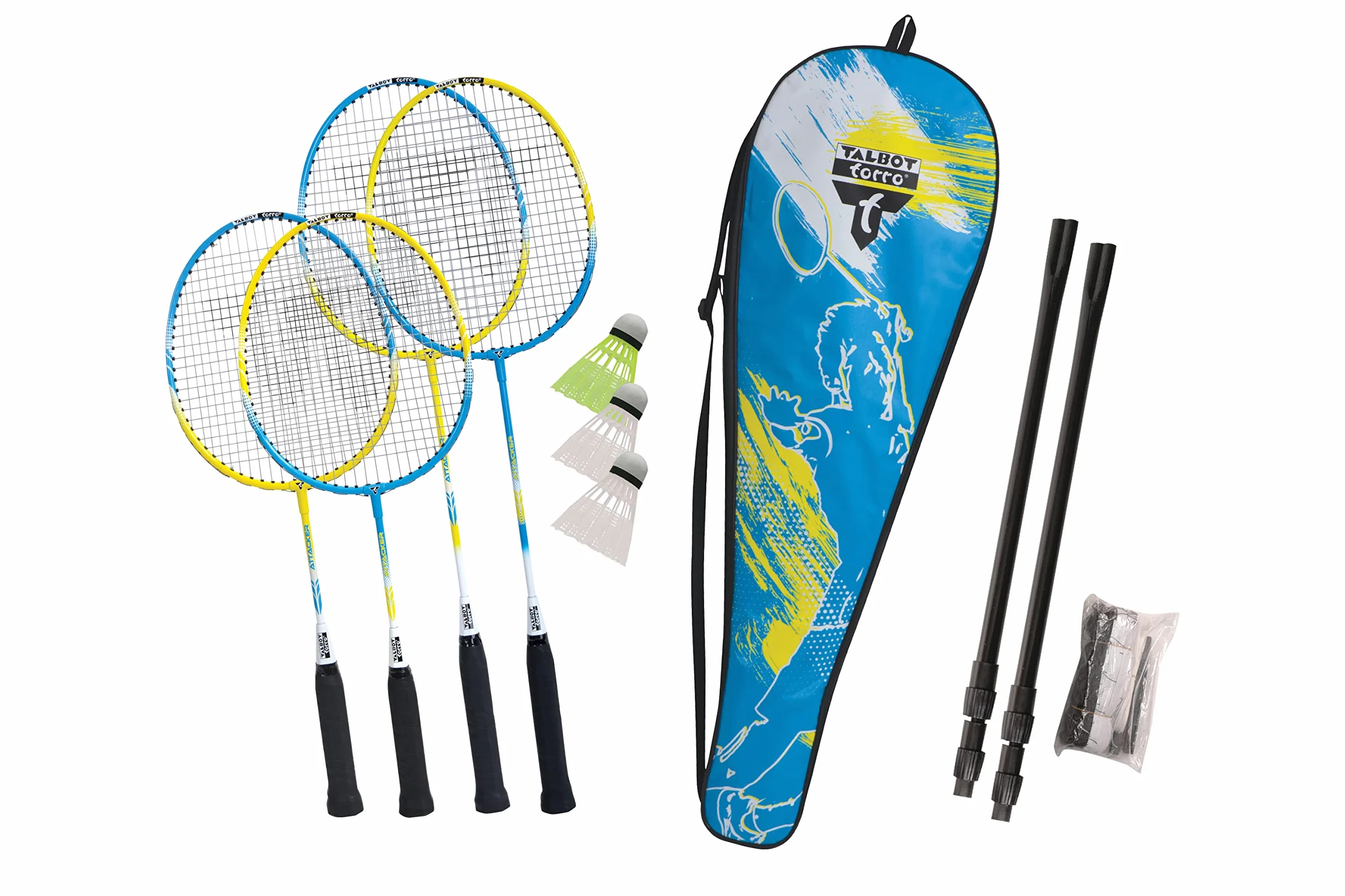 Talbot Torro Set de Badminton Family, Juego Completo con 2 Raquetas Junior 53 cm, 2 Raquetas Estándar, 3 Volantes, Red Ajustable, Bolsa