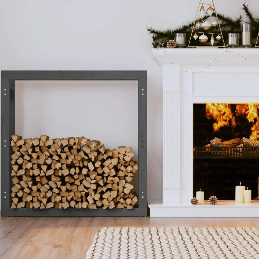 Estantería para leña gris de madera de pino maciza, 100 x 25 x 100 cm, soporte para leña para interior y exterior, soporte apilable para almacenamiento en seco junto a chimenea y estufa de