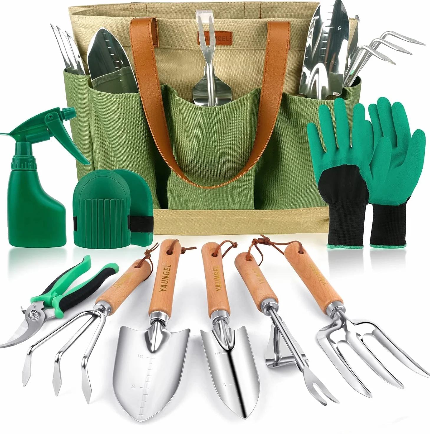 YAUNGEL Juego de Herramientas de jardinería, 10 Piezas de Acero Inoxidable de Uso Pesado con Mango de Madera Antideslizante - Regalos para Mujeres y Hombres, Verde