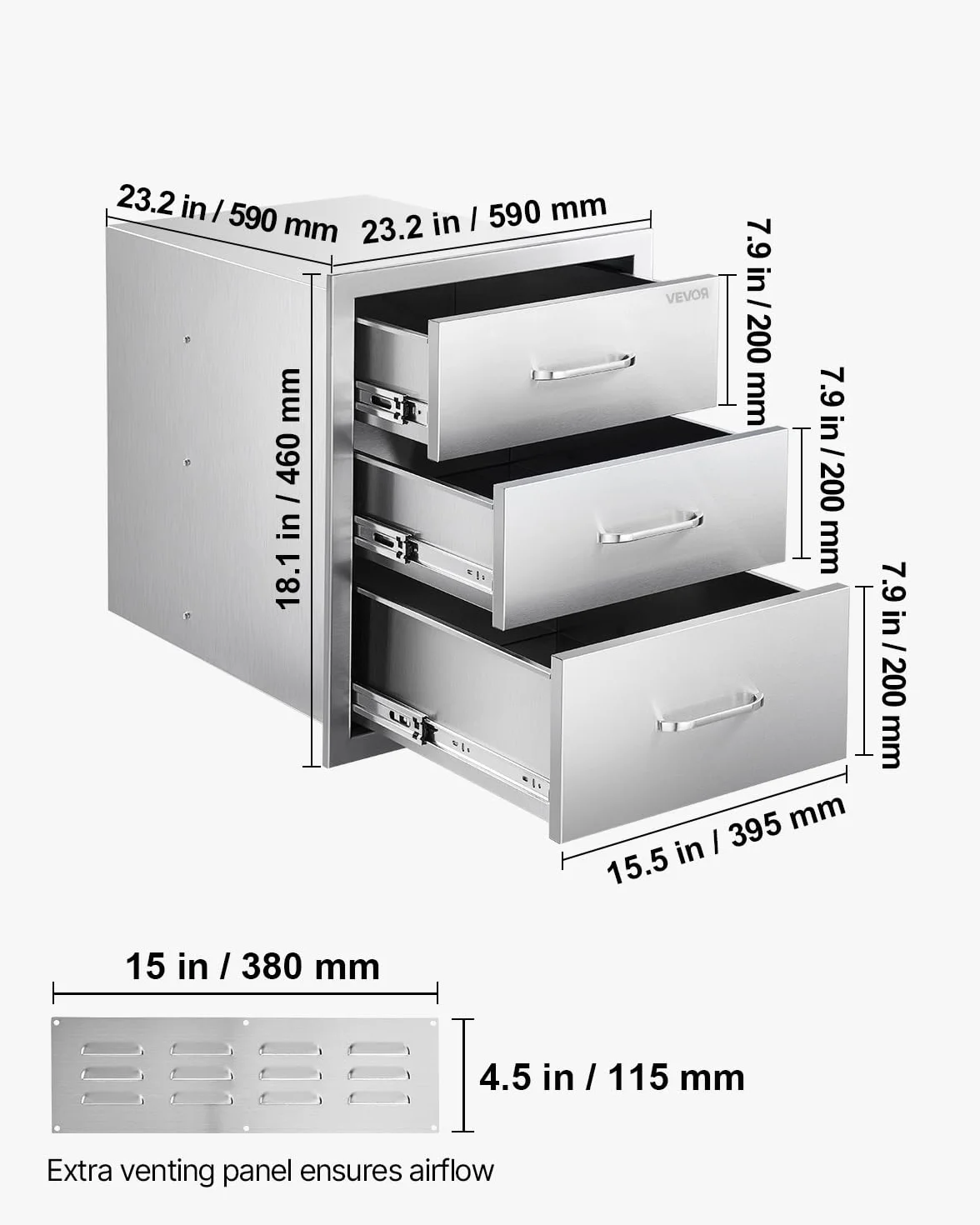 VEVOR Cajones de Cocina para Exterior 46 x 59 x 59 cm, 3 Cajones para Barbacoa de Triple Acceso con Asa de Aleación de Zinc, Cajonera para Cocinas al Aire Libre, Estación de Parrilla para Patio