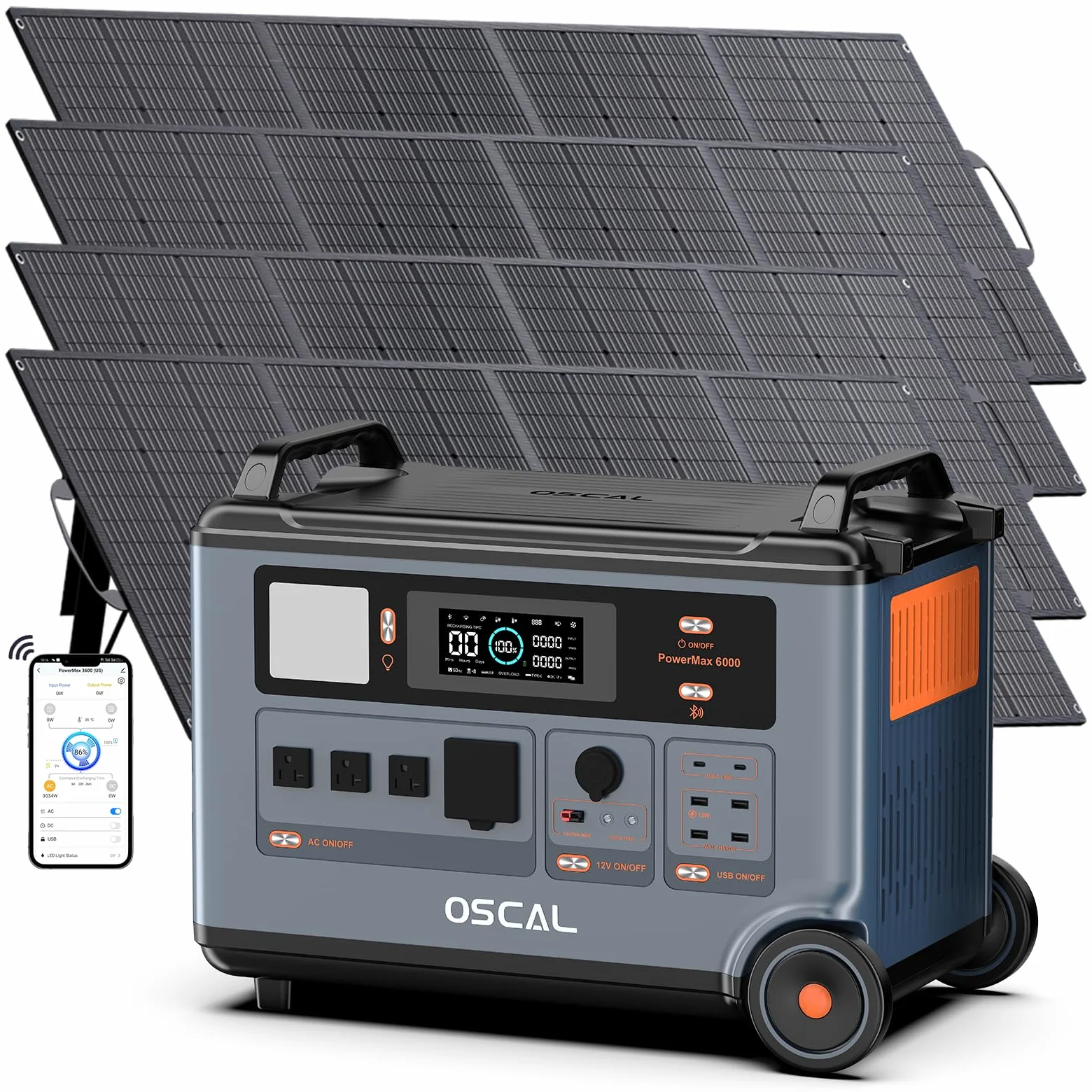 PowerMax 6000 Estacion de Energia Portatil con 4x200W Panel PV 3600Wh/6000W | LiFePO4 Batería de Gran Potencia (pico de 9000W), Generador Solar, Carga Rápida de 0-80% en 90 min para Camping, RV, Apagón