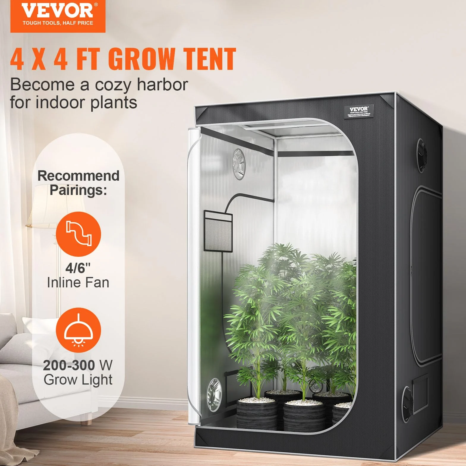 VEVOR Armario de Cultivo 122x122x203 cm Carpa de Cultivo Hidropónico Mylar 2000D Altamente Reflectante con Ventana de Observación, Bolsa de Herramientas, Bandeja de Piso para Cultivo de Plantas